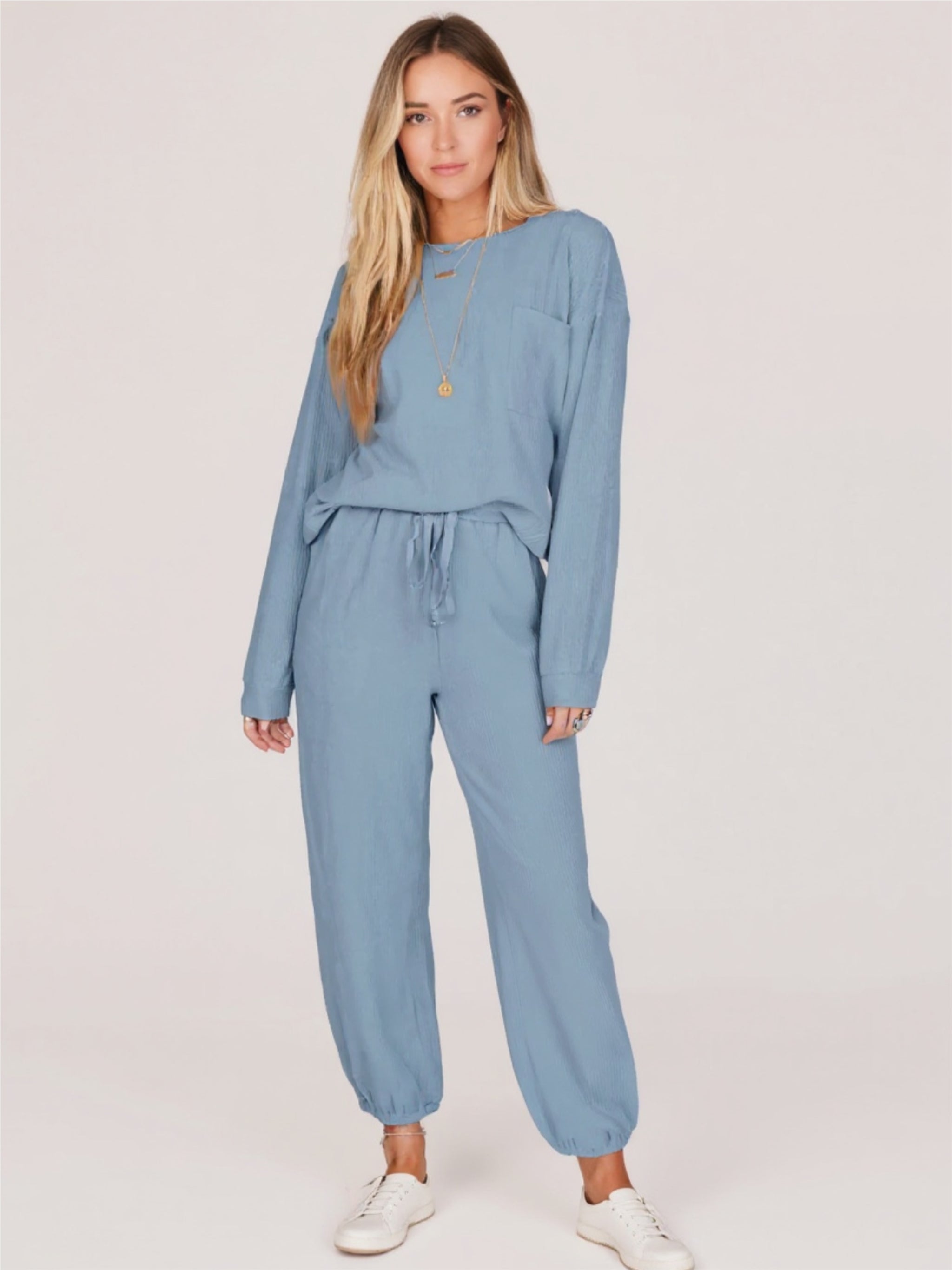 Blue Ribbed Round Neck Sweatshirt & Pants Set