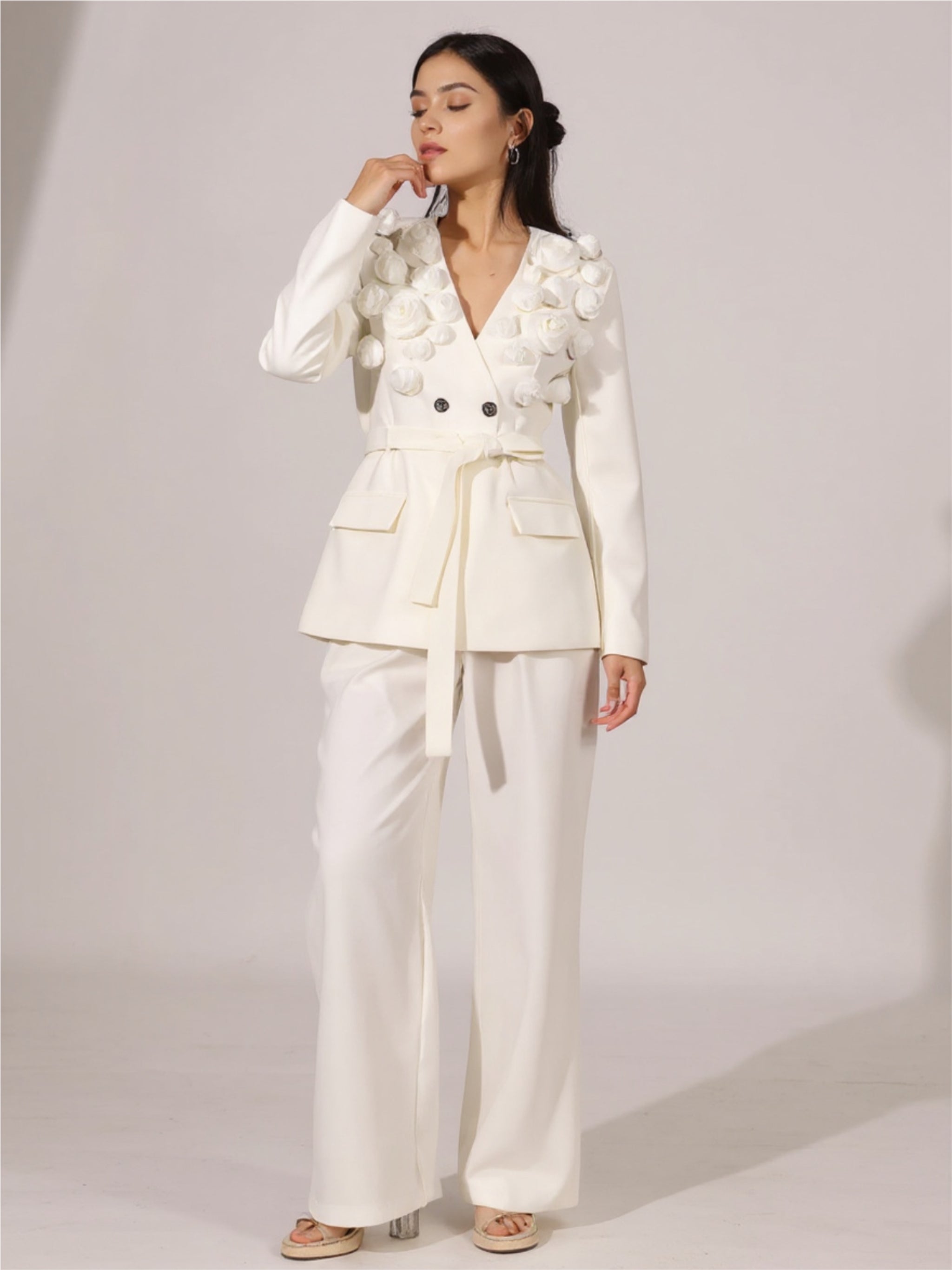 White Flower Blazer & Pants Set