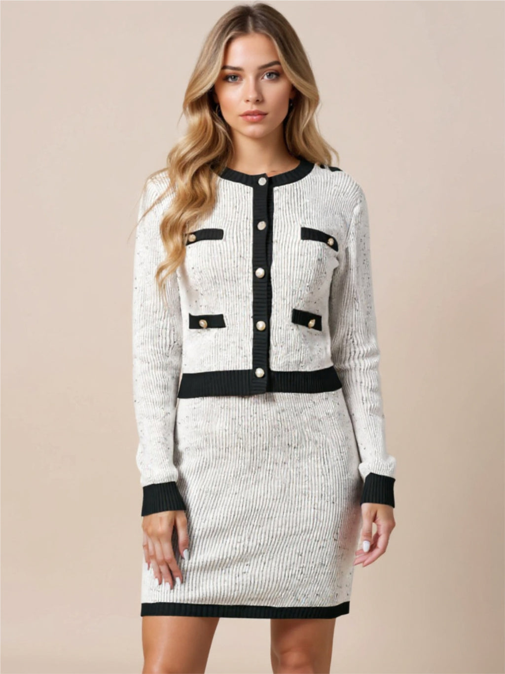 Contrast Trim Ribbed Top & Skirt Sweater Set