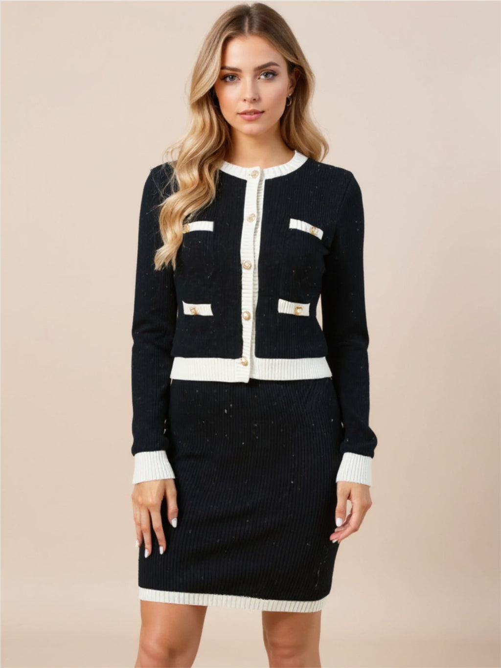 Contrast Trim Ribbed Top & Skirt Sweater Set