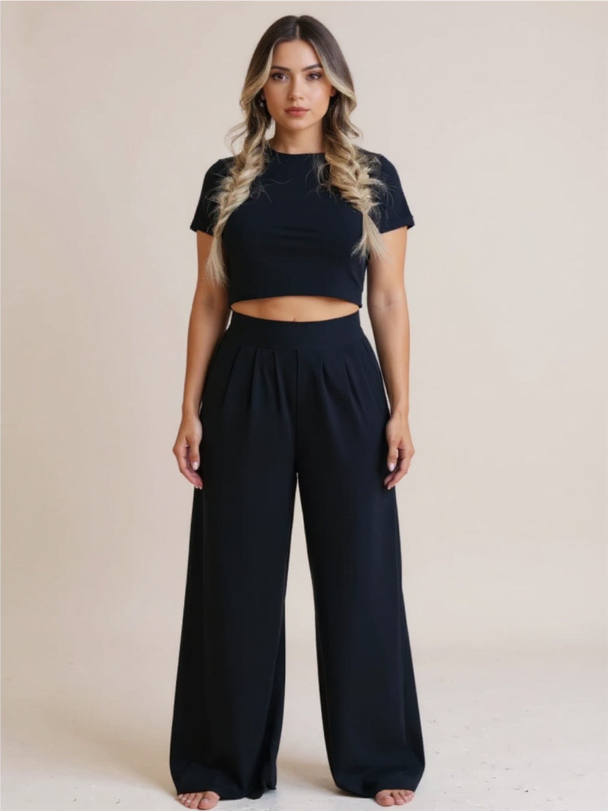 Round Neck Short Sleeve Top & Pocketed Pants Set