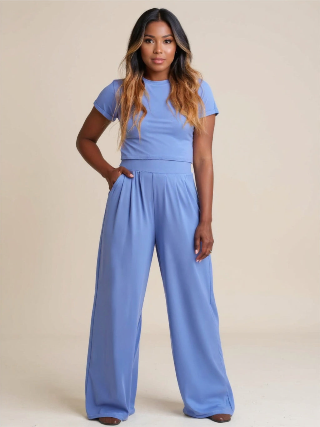 Round Neck Short Sleeve Top & Pocketed Pants Set