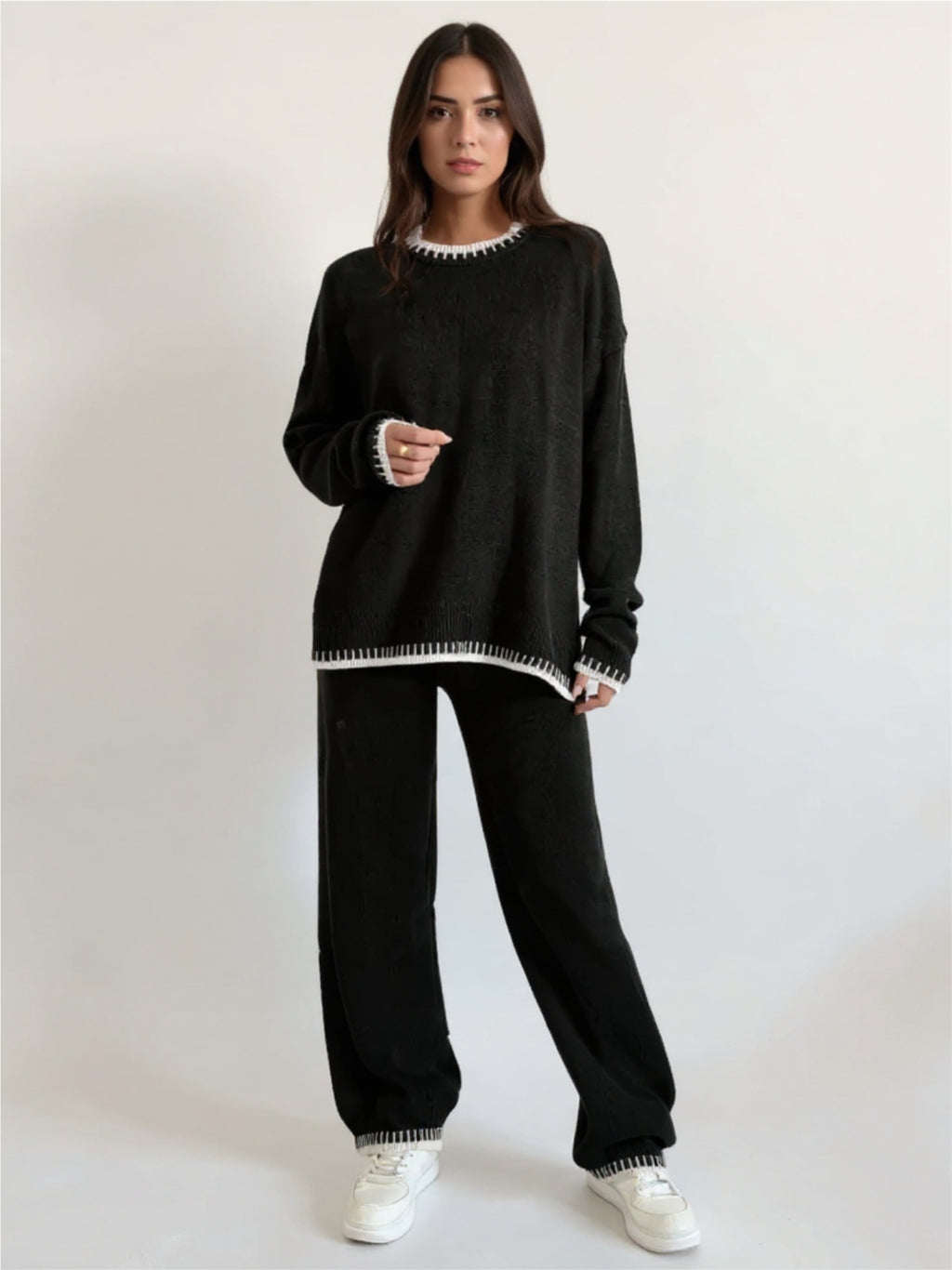 Black Side Slit Contrast Trim Round Neck Top & Pants Sweater Set