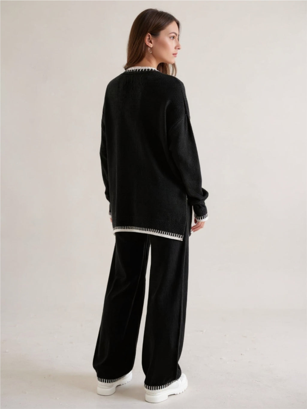 Black Side Slit Contrast Trim Round Neck Top & Pants Sweater Set