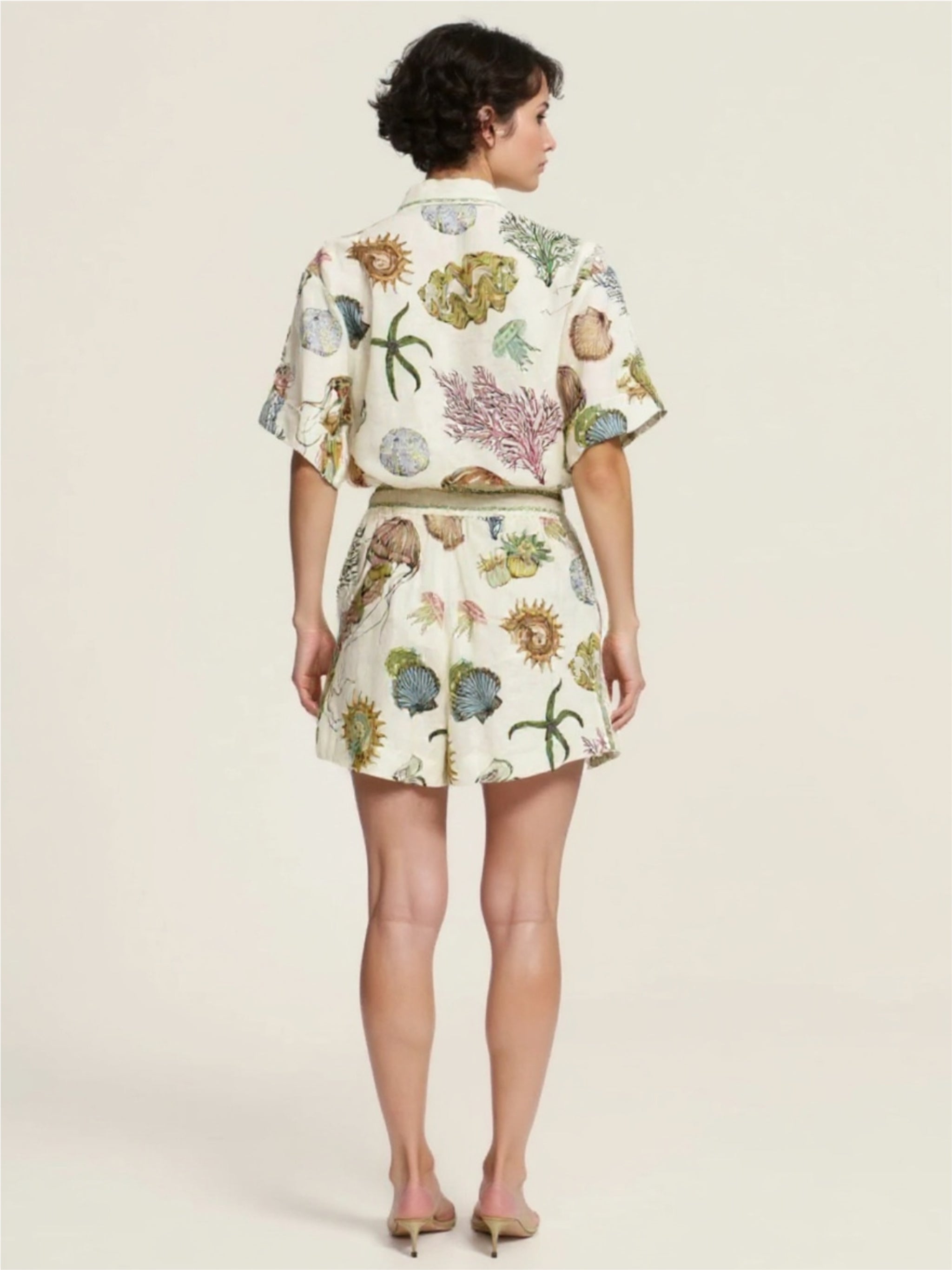 Beige Printed Button Up Shirt & Shorts Set