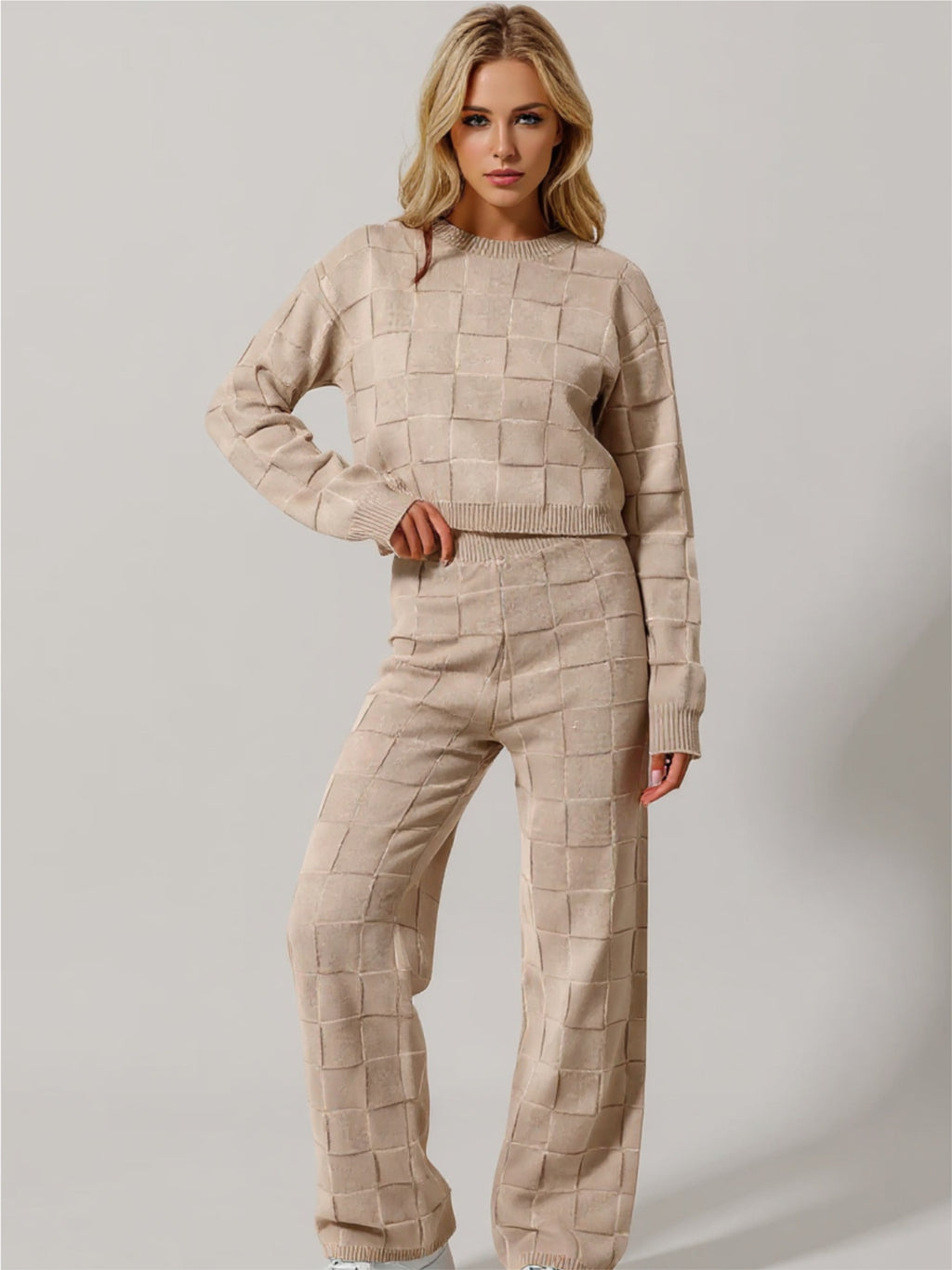 Checkered Round Neck Top & Pants Set