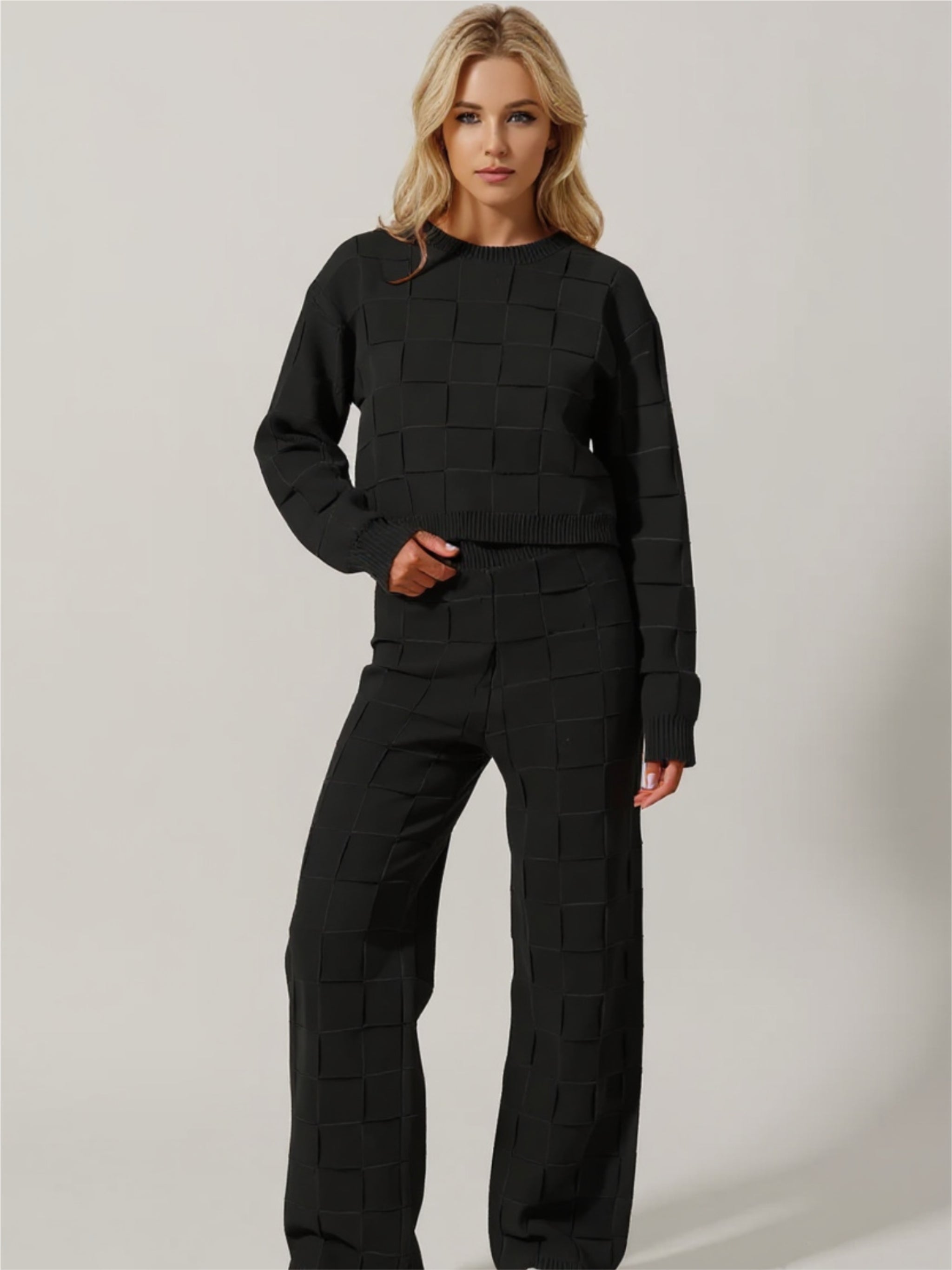 Checkered Round Neck Top & Pants Set