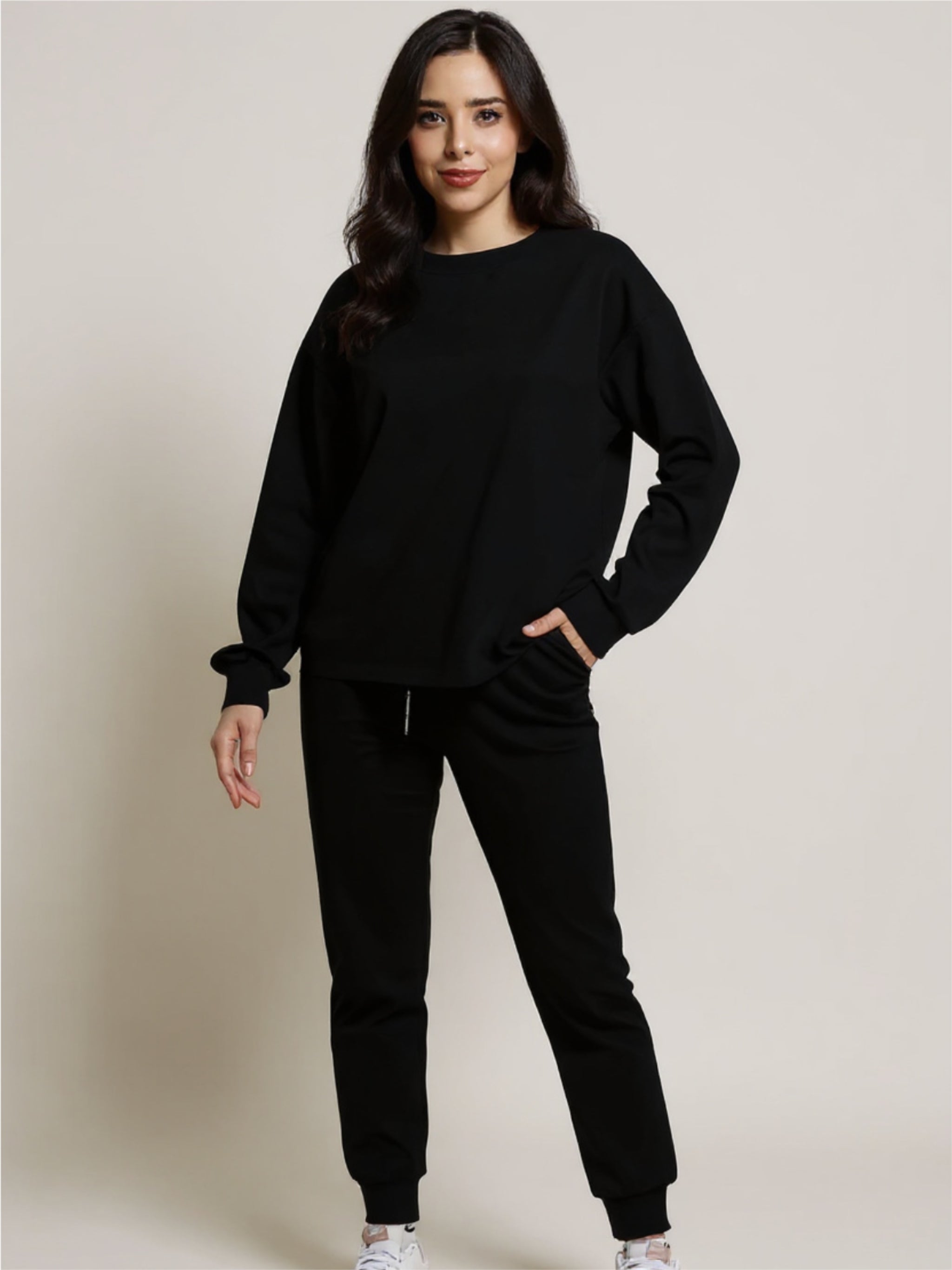 Black Round Neck Long Sleeve Top & Pants Set