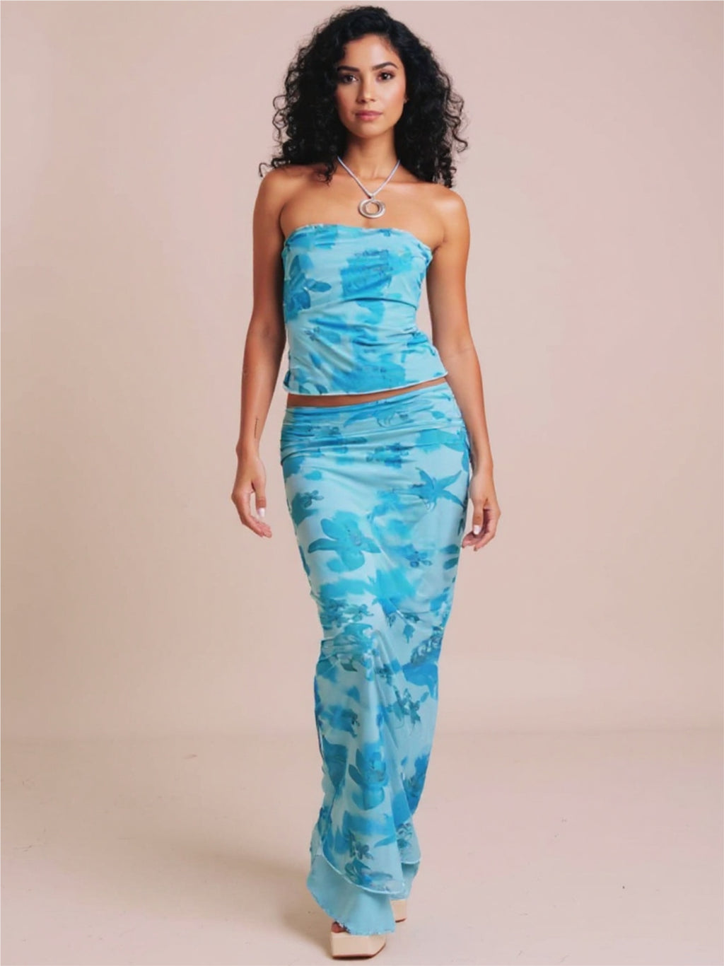 Blue Printed Tube Top & Maxi Skirt Set