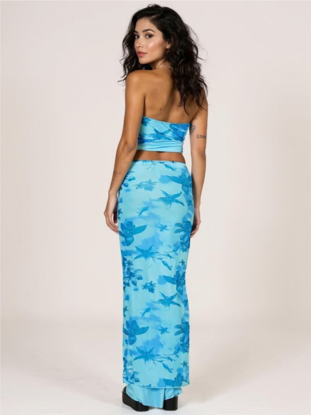 Blue Printed Tube Top & Maxi Skirt Set
