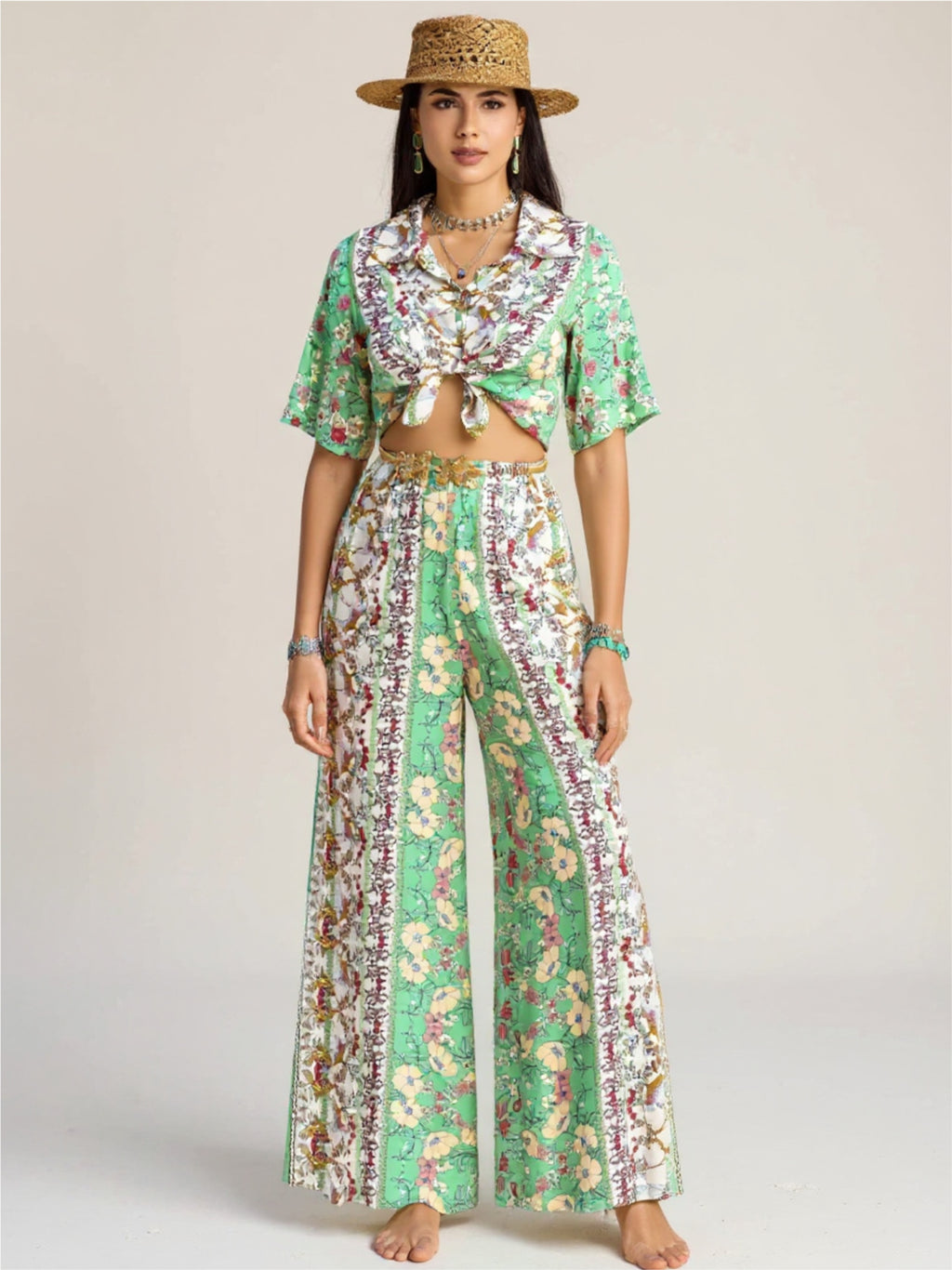 Green Printed Half Sleeve Top & Wide Leg Pants Set