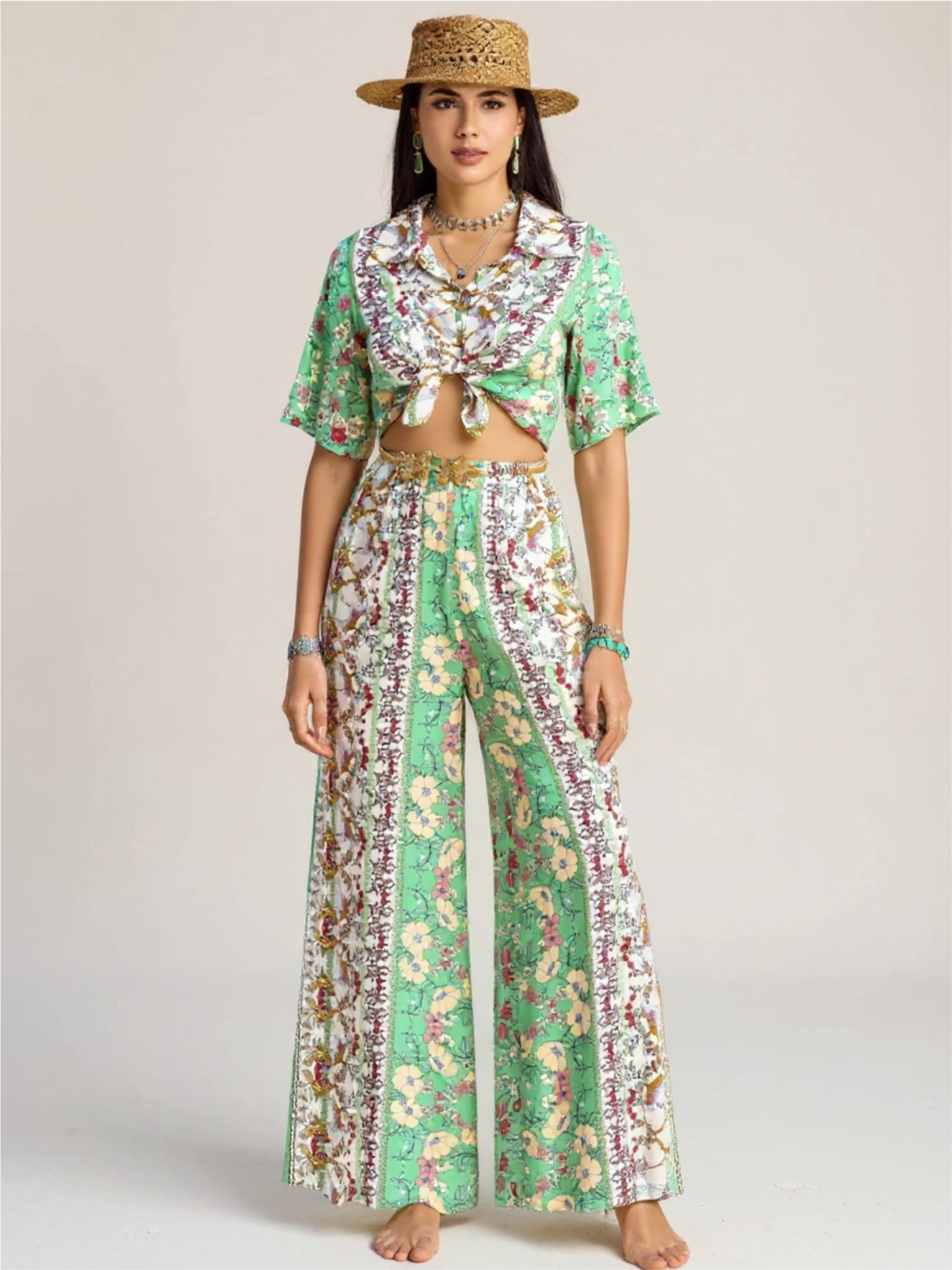 Green Printed Half Sleeve Top & Wide Leg Pants Set