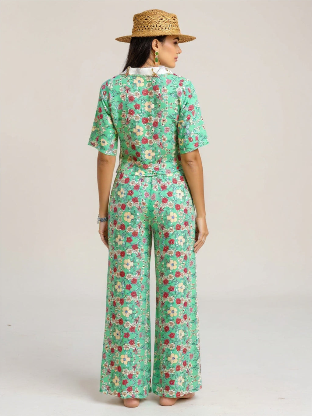 Green Printed Half Sleeve Top & Wide Leg Pants Set