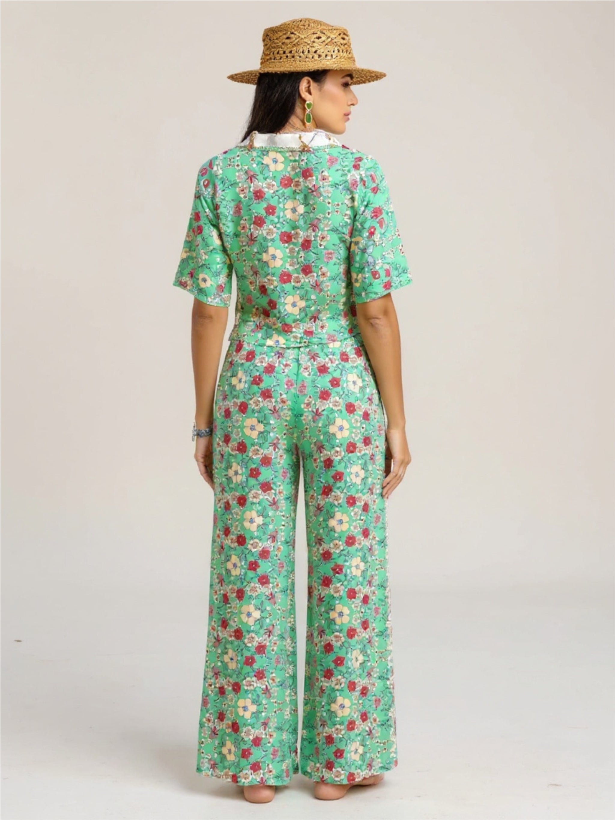 Green Printed Half Sleeve Top & Wide Leg Pants Set