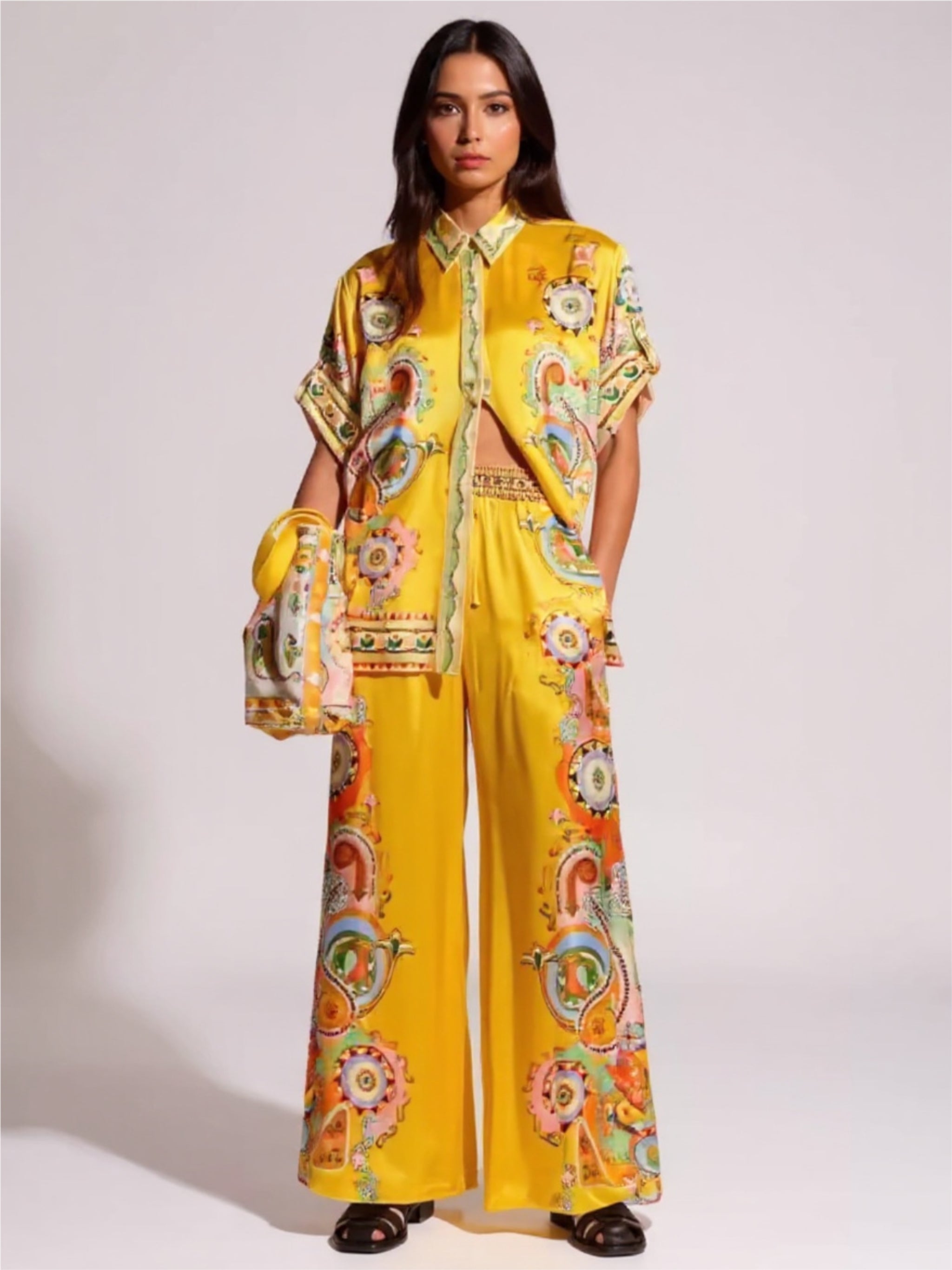 Yellow Printed Button Up Shirt & Pants Set