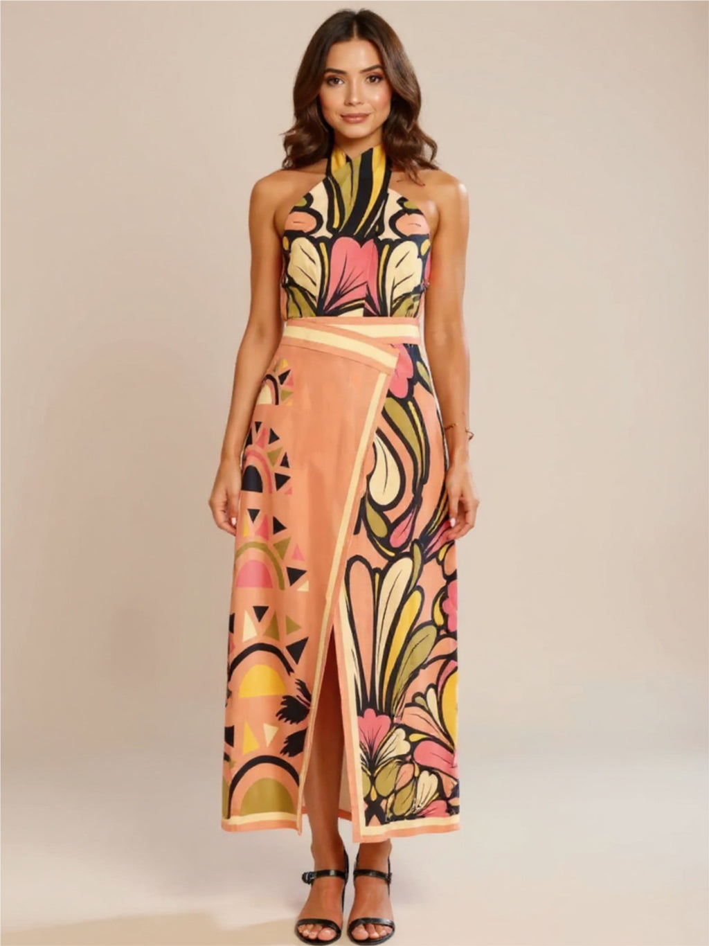 Printed Halter Neck Crop Top & Skirt Set