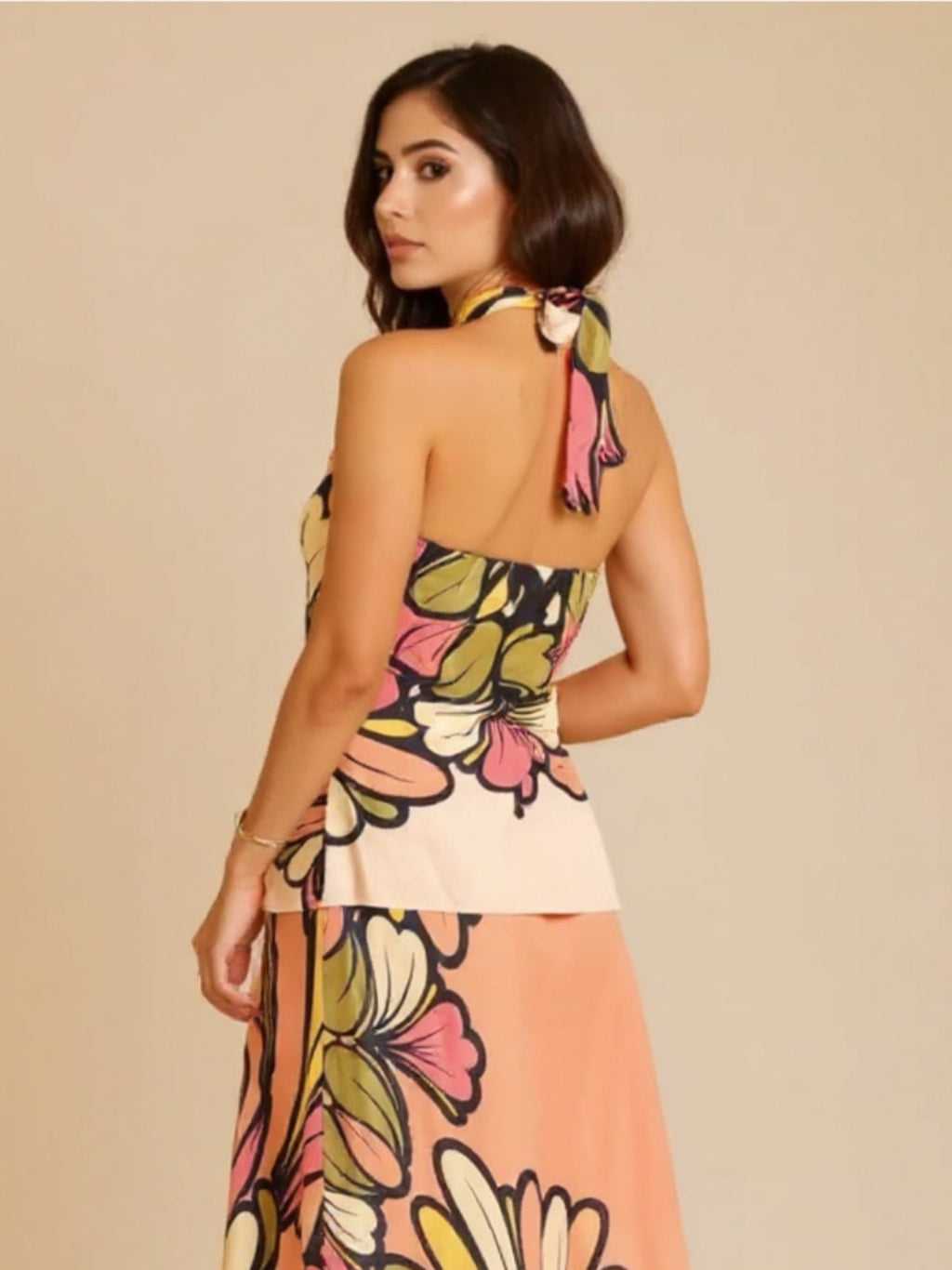 Printed Halter Neck Crop Top & Skirt Set