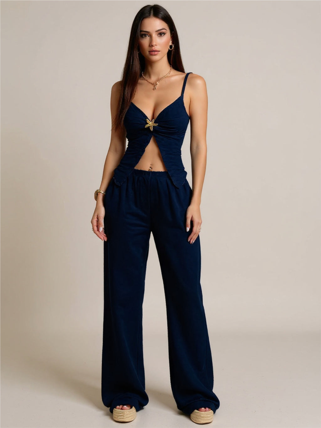 Blue V-Neck Cami & Pants Set