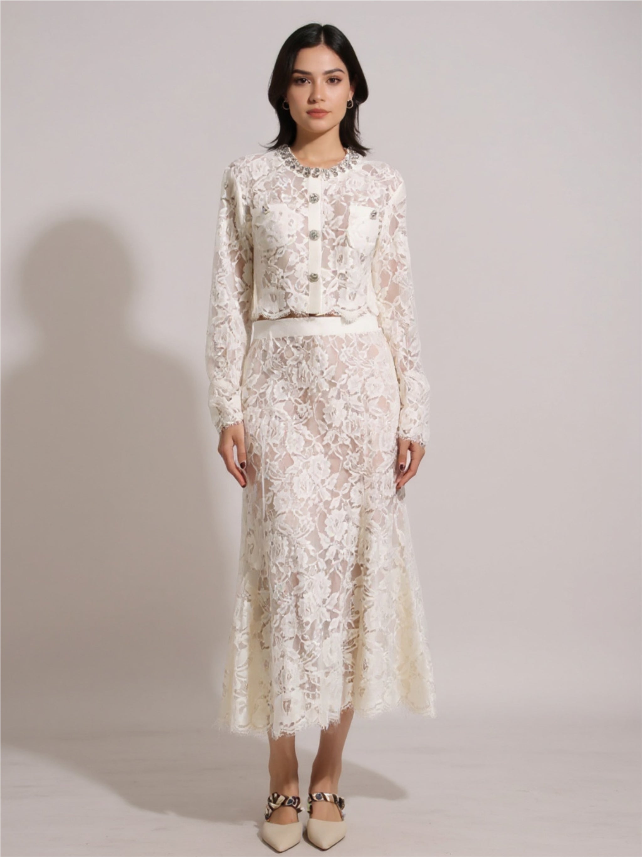 White Lace Snap Down Top & Skirt Set
