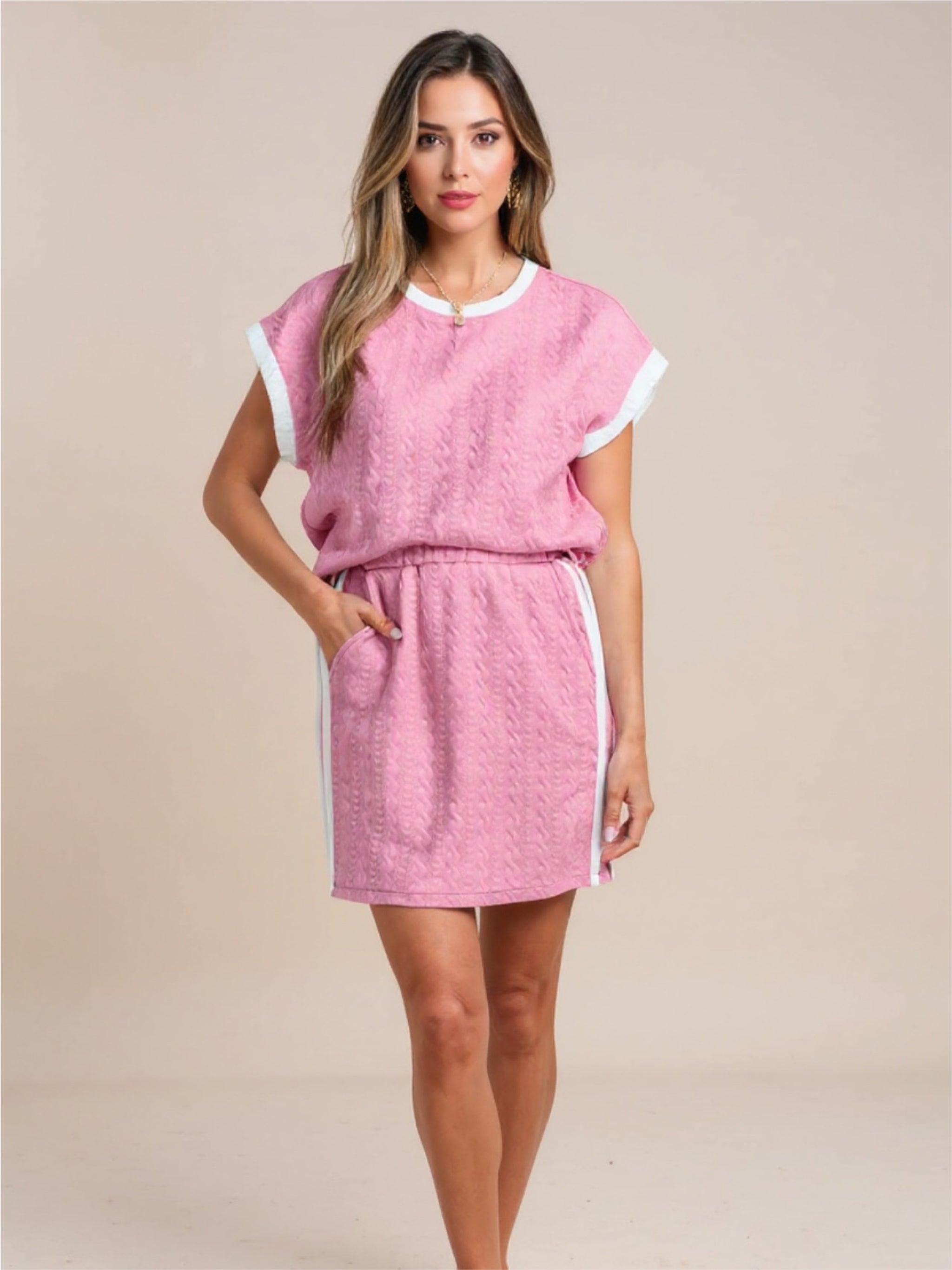 Pink Textured Round Neck Top & Skirt Set