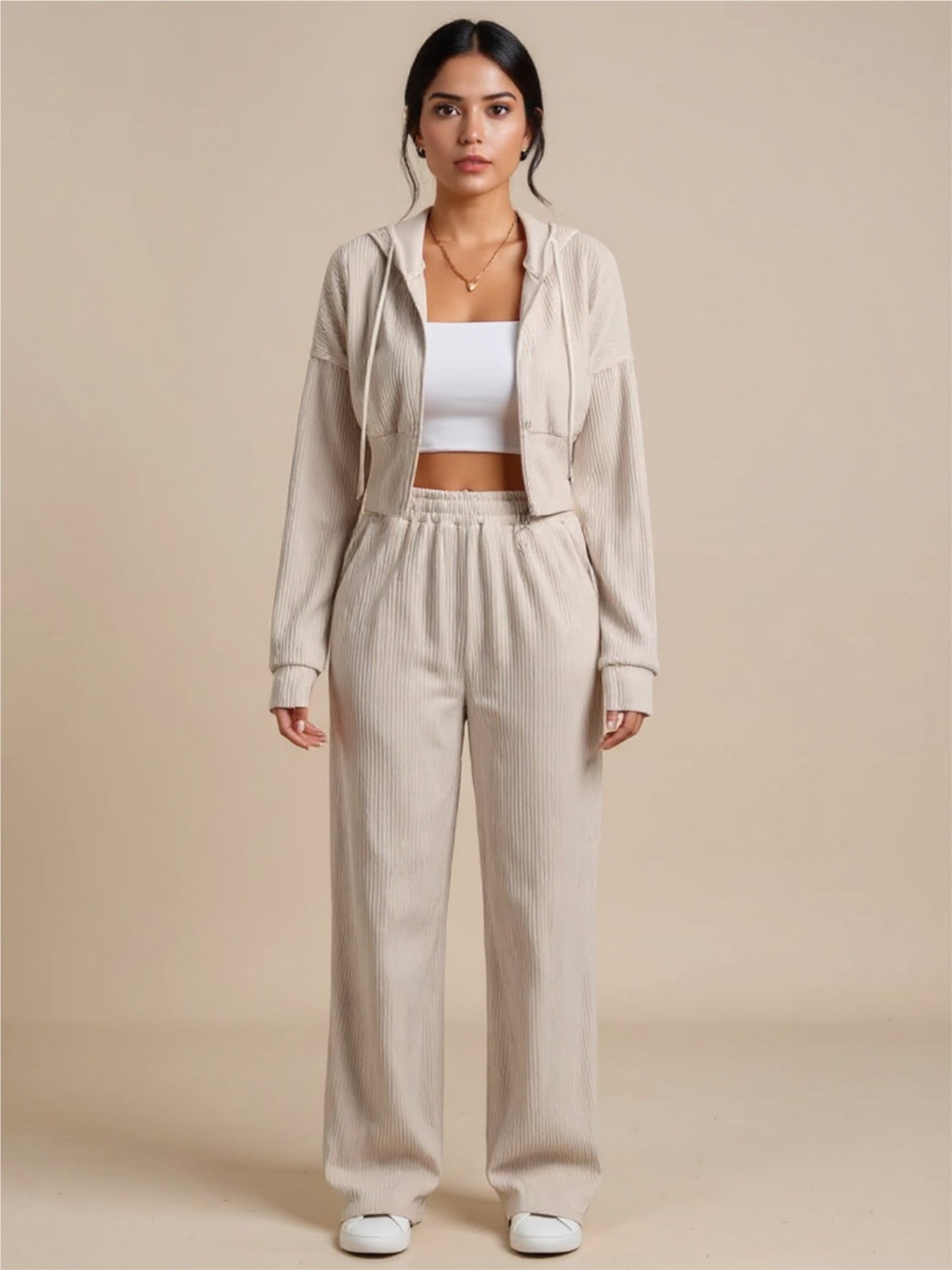 Beige Zip Up Hooded Top & Pants Set