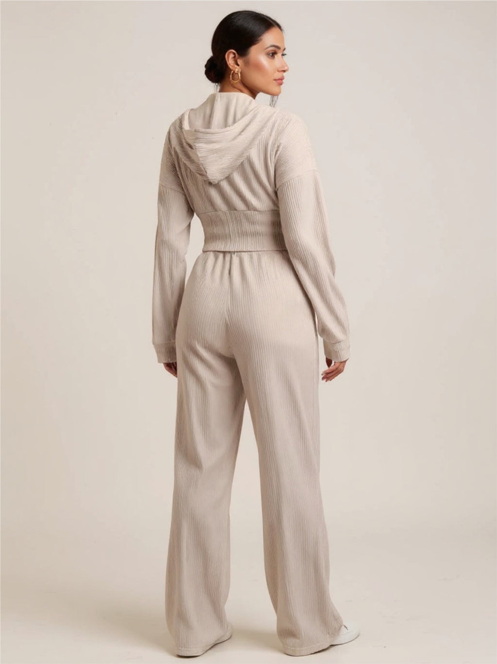 Beige Zip Up Hooded Top & Pants Set