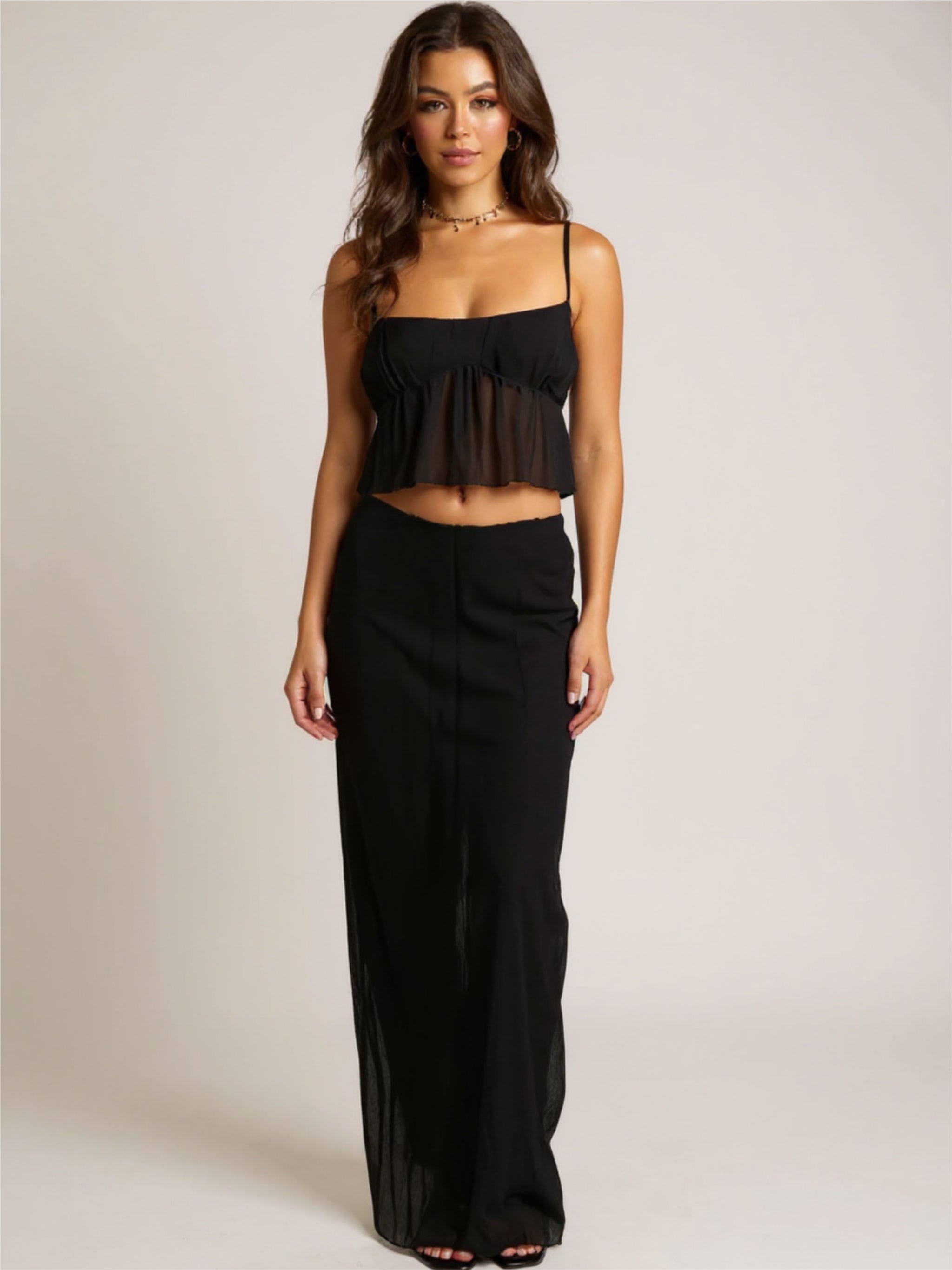 Square Neck Sleeveless Top & Ruched Skirt Set