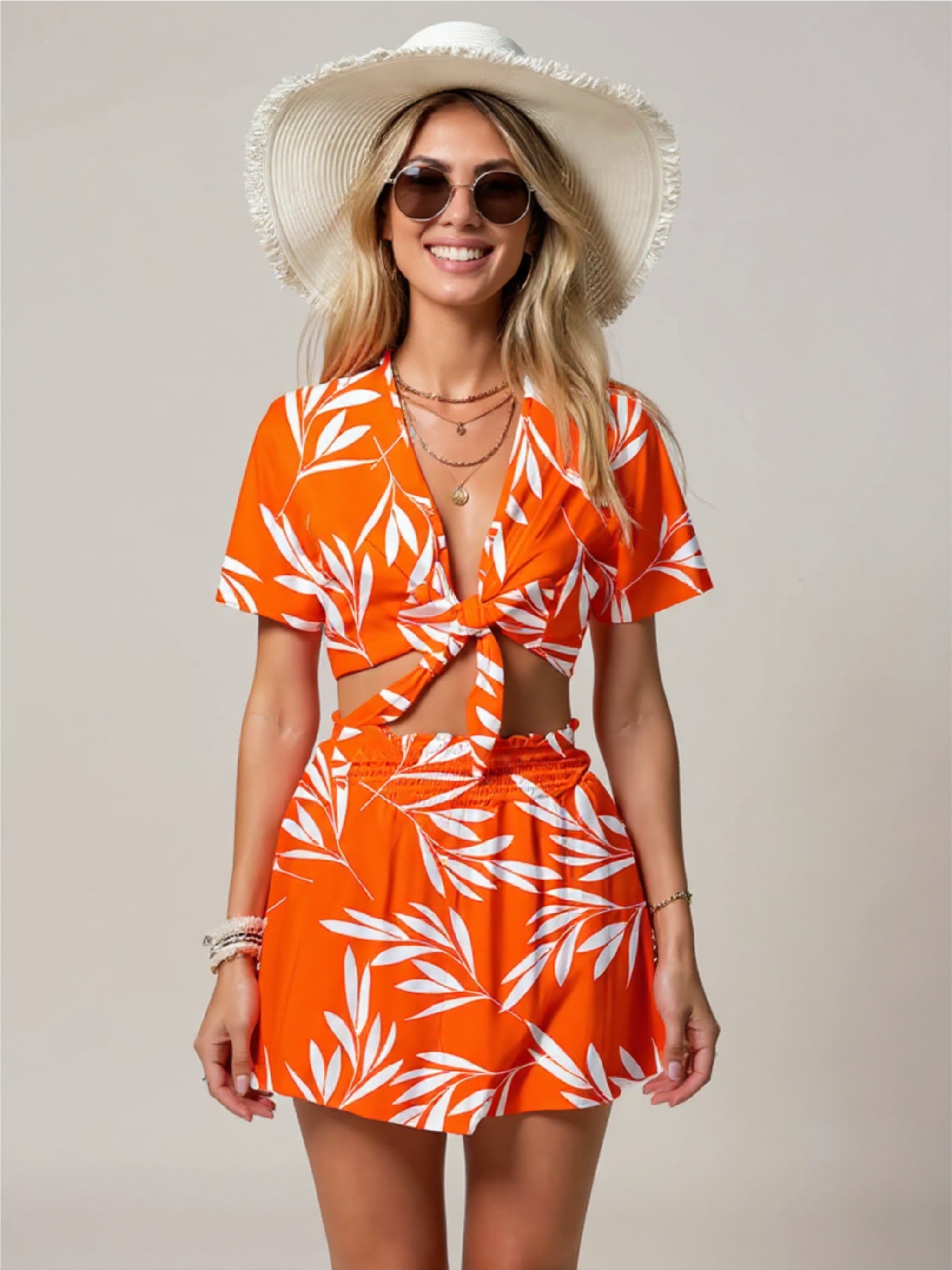 Printed Tie Front Top & Shorts Set