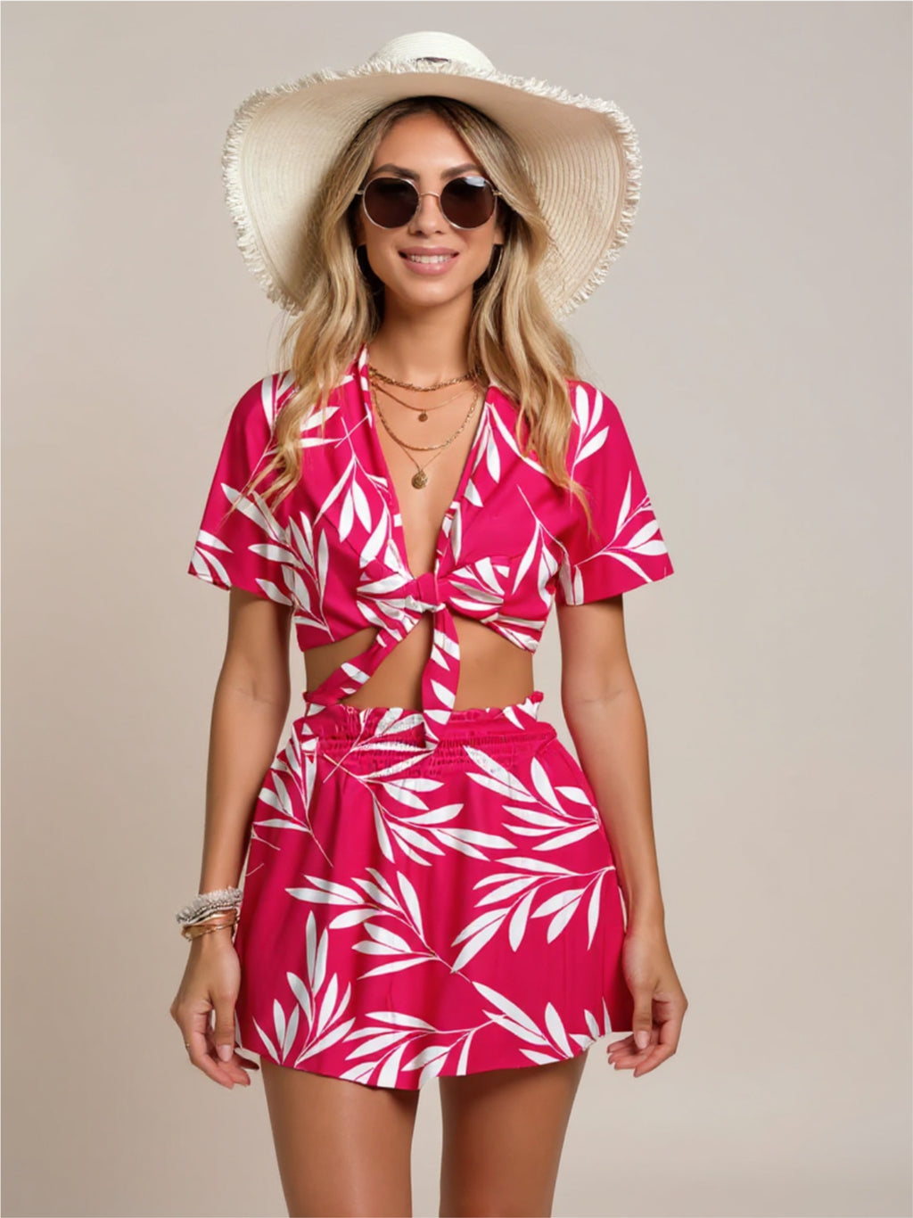 Printed Tie Front Top & Shorts Set