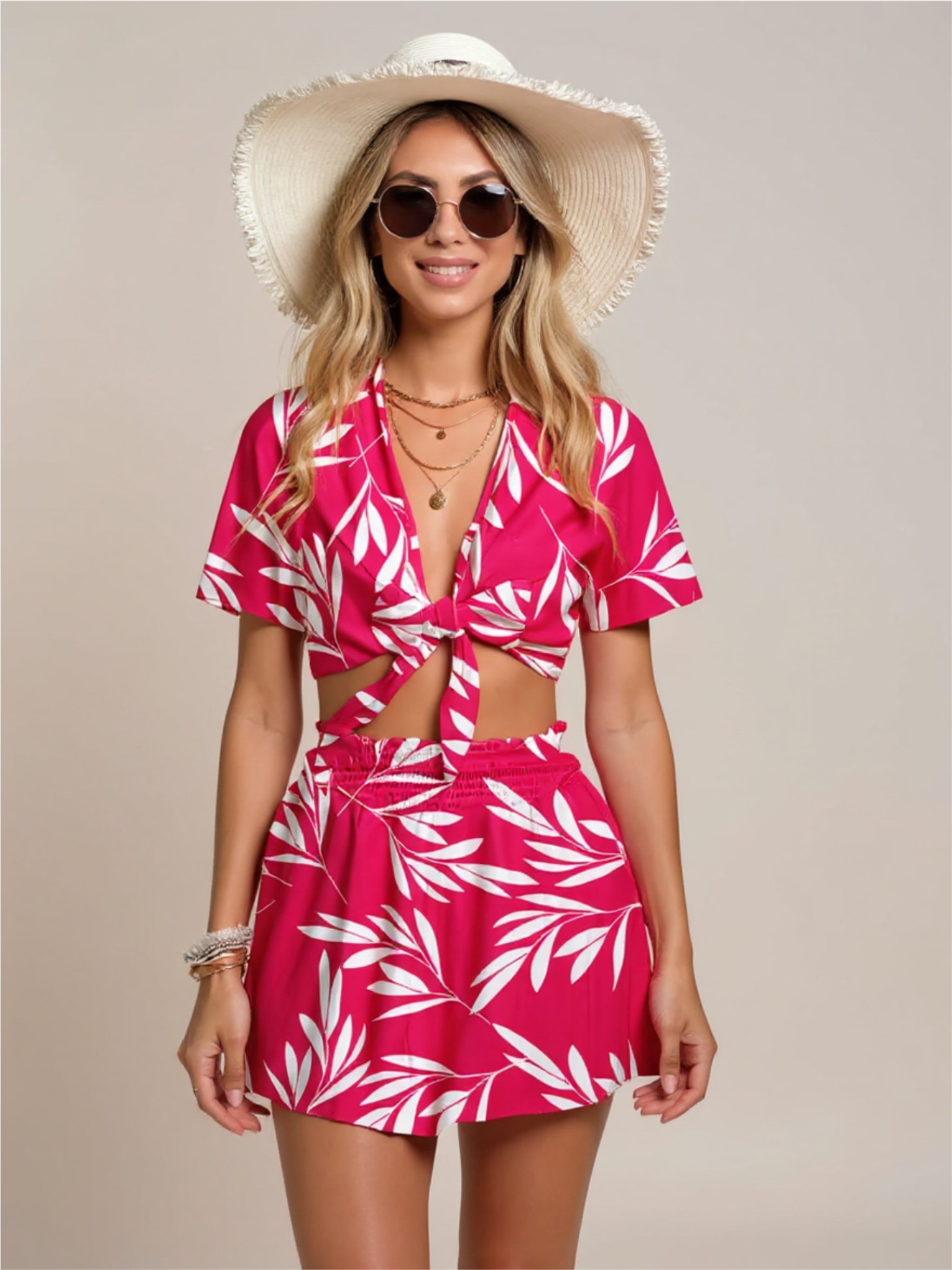 Printed Tie Front Top & Shorts Set