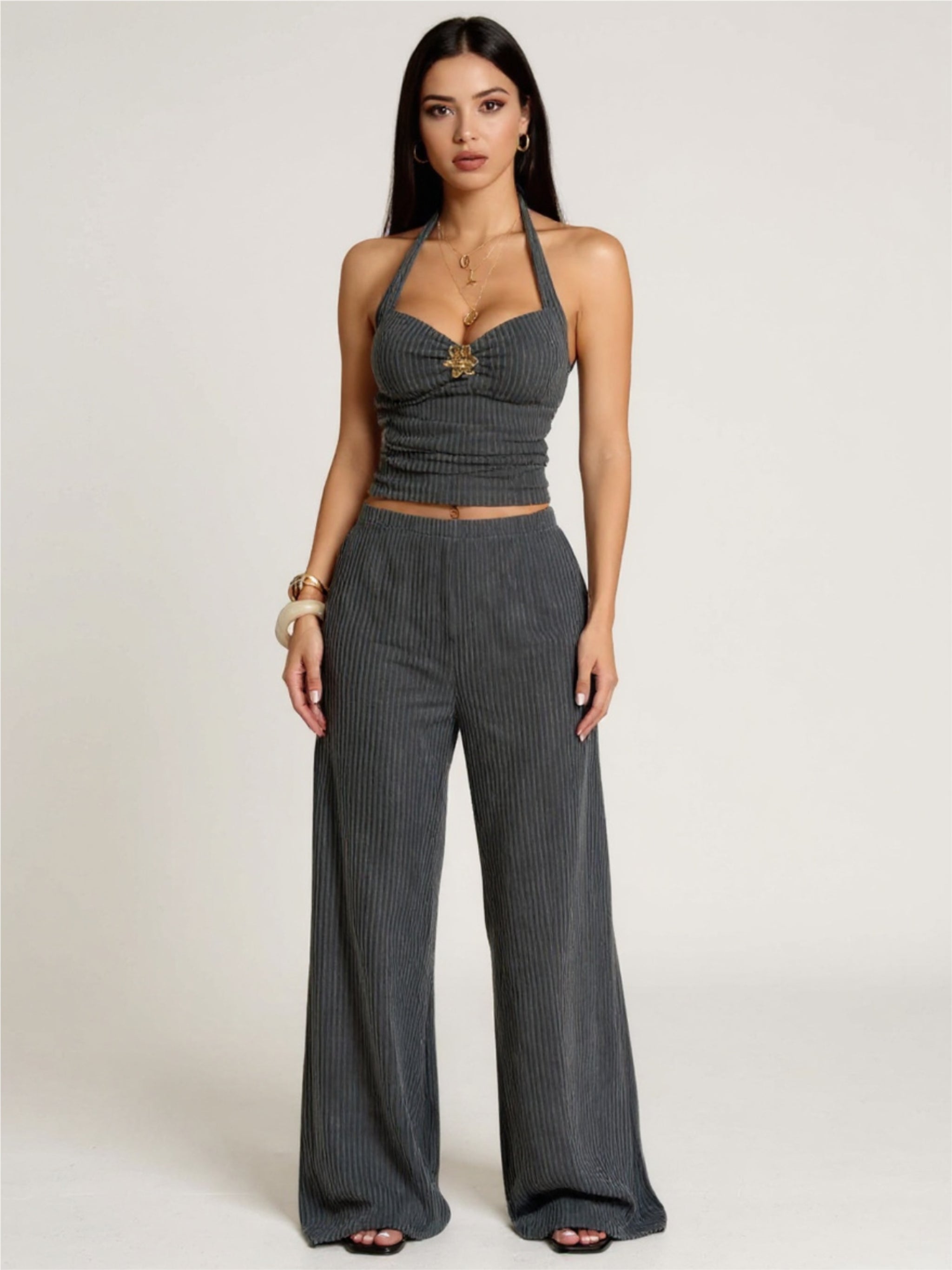 Gray Halter Neck Cami & Pants Set