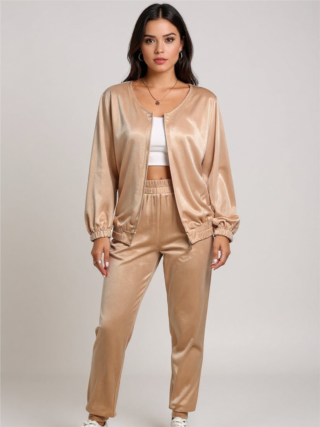 Beige Zip Up Top & Pants Set