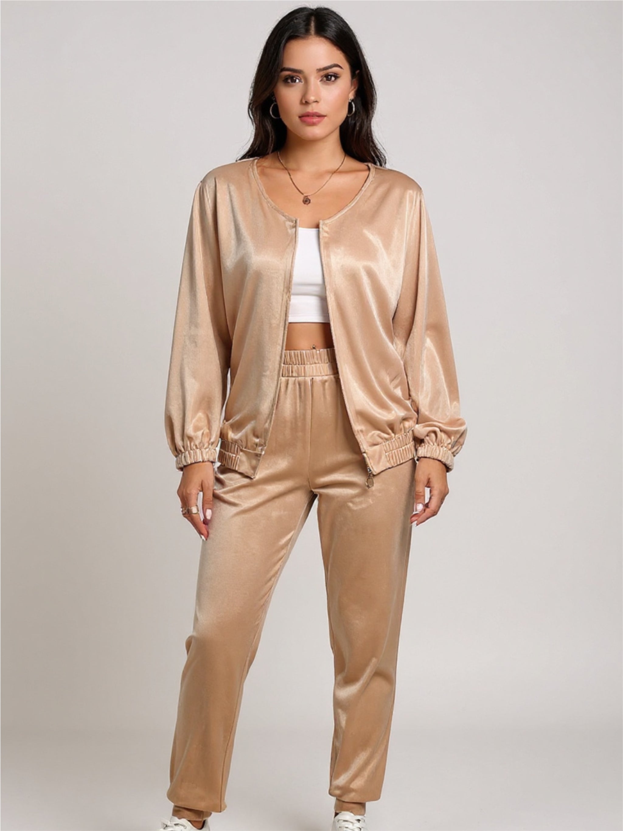 Beige Zip Up Top & Pants Set