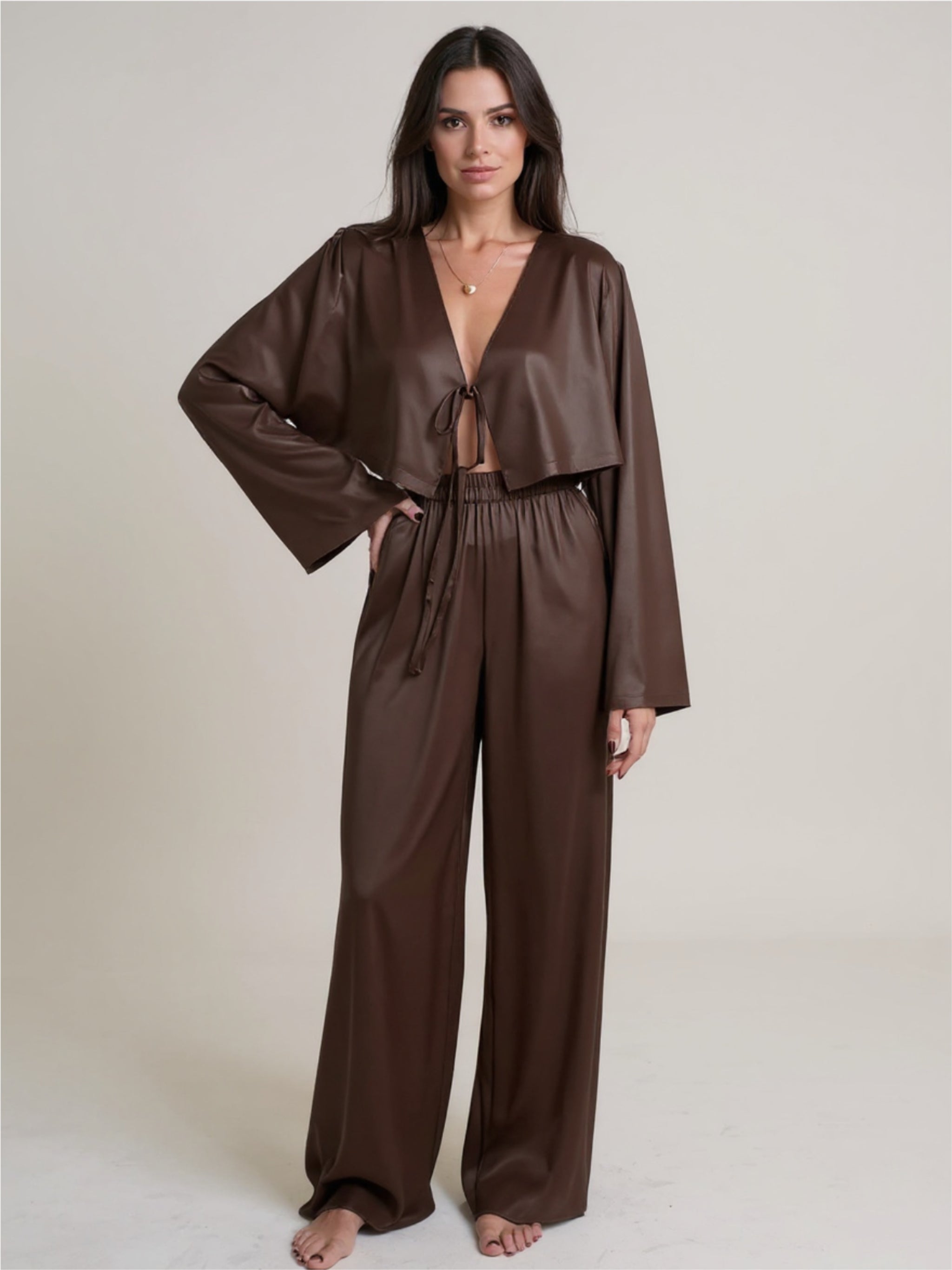 Brown Tie-Front Crop Top & Pants Set