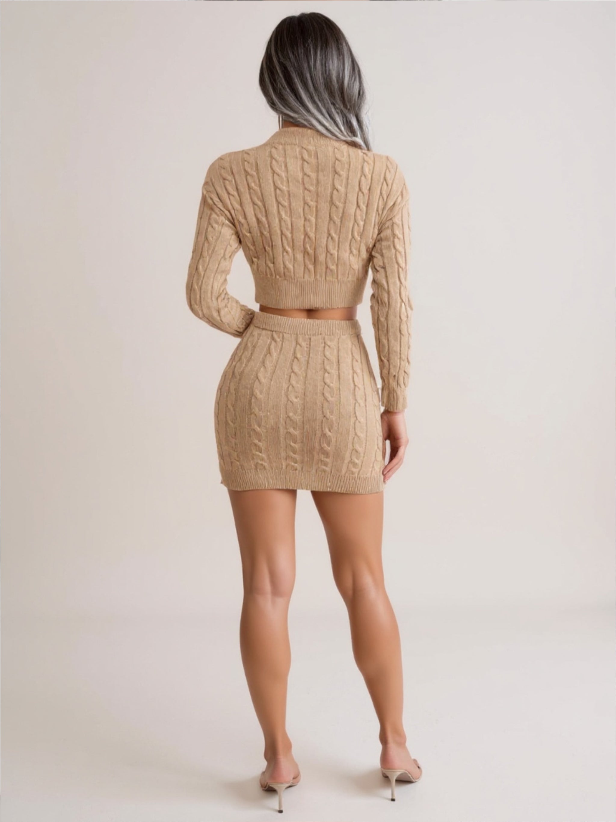 Cable-Knit Round Neck Top & Skirt Sweater Set