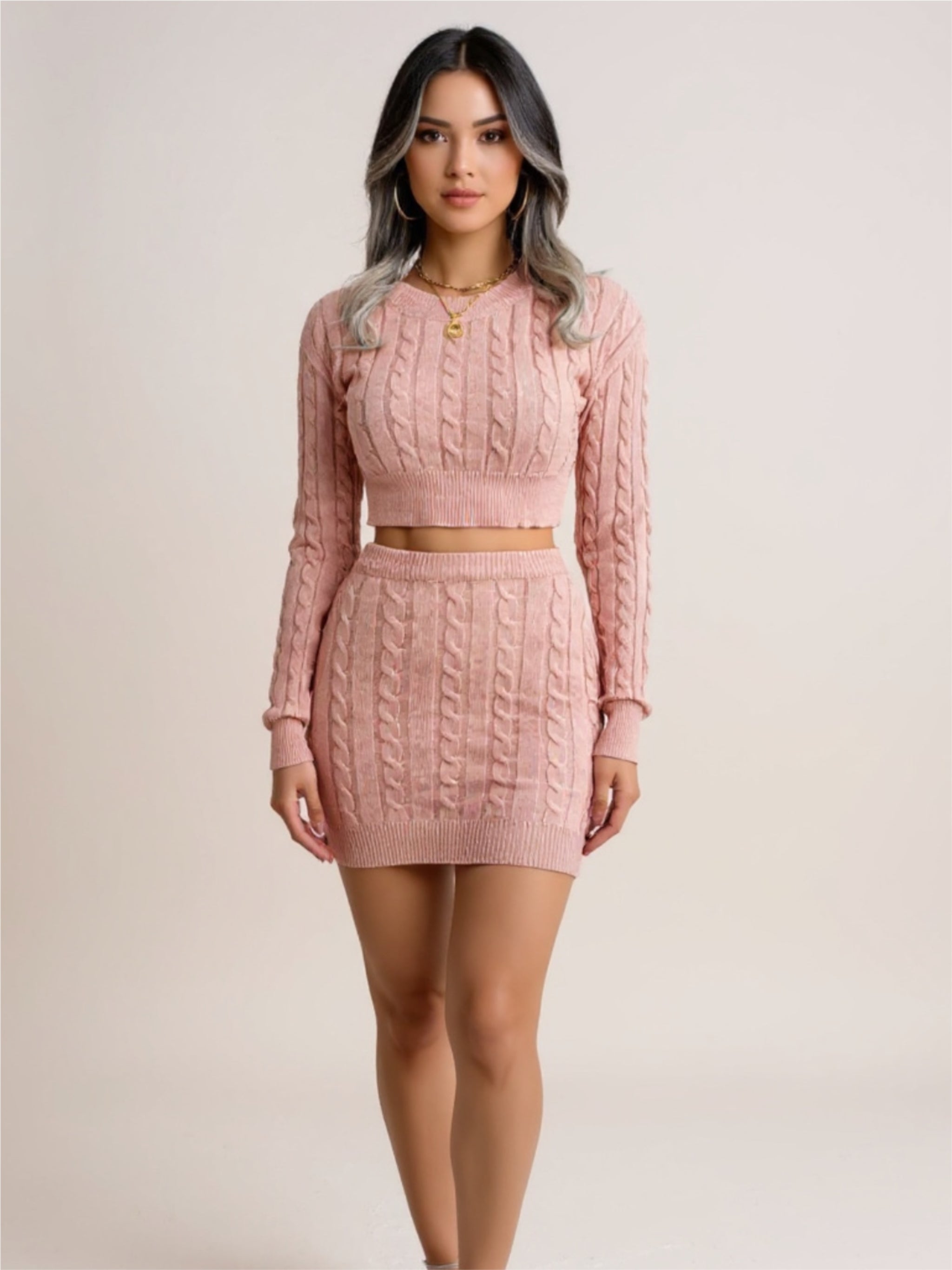Cable-Knit Round Neck Top & Skirt Sweater Set
