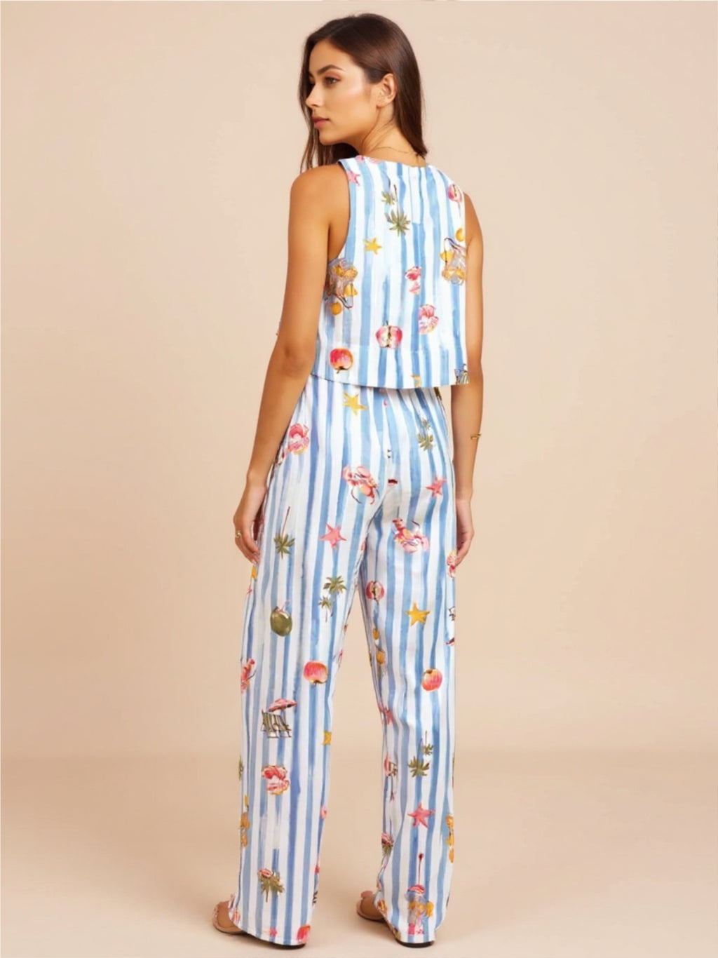 Blue Printed Stripe Tank & Pants Set