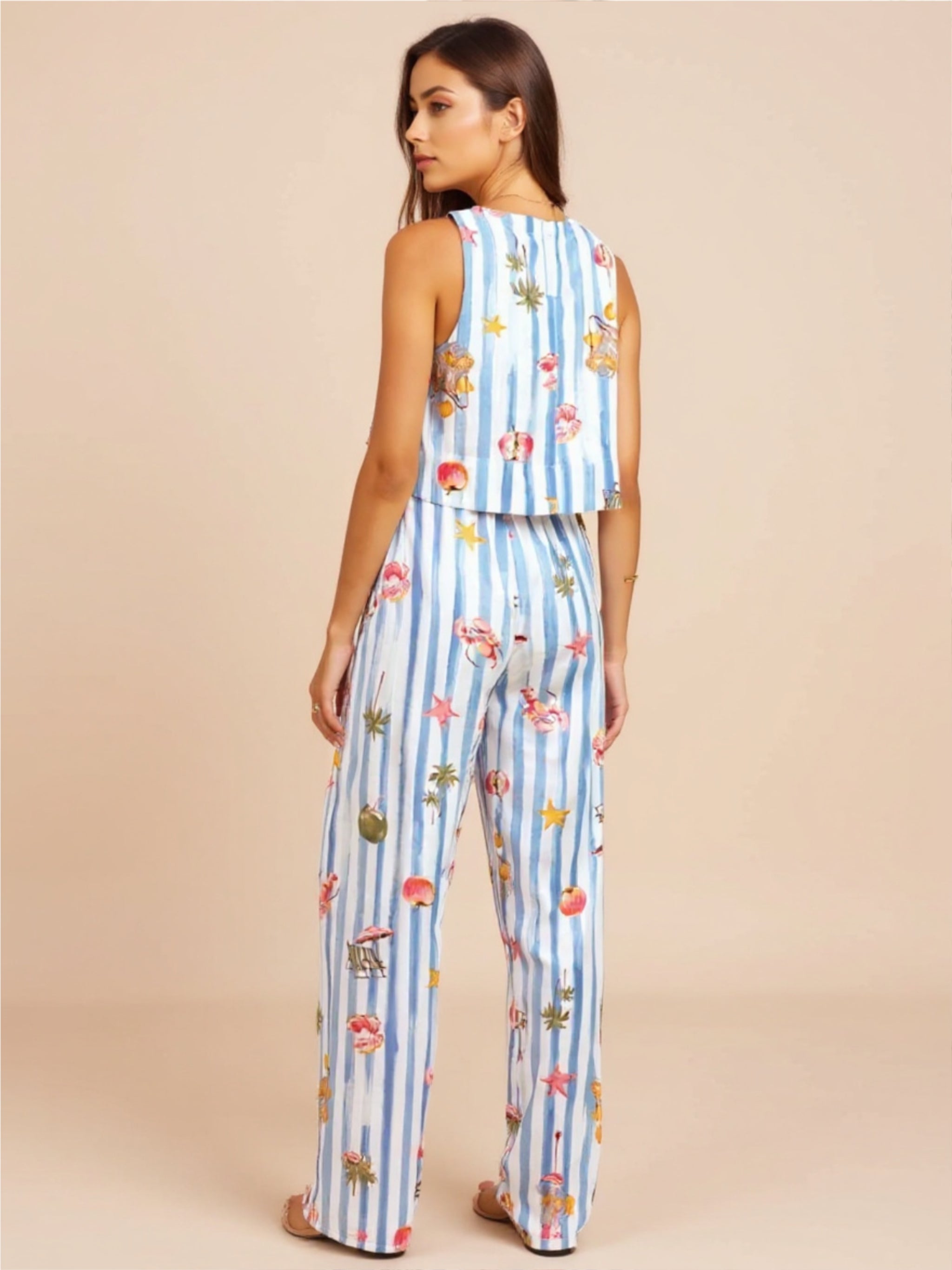 Blue Printed Stripe Tank & Pants Set