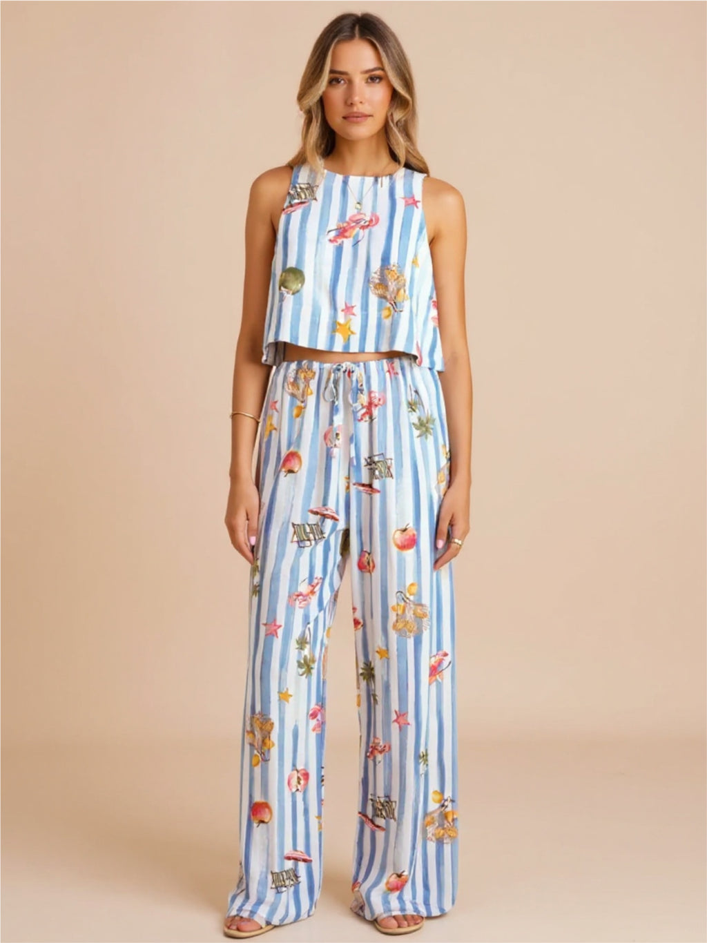 Blue Printed Stripe Tank & Pants Set