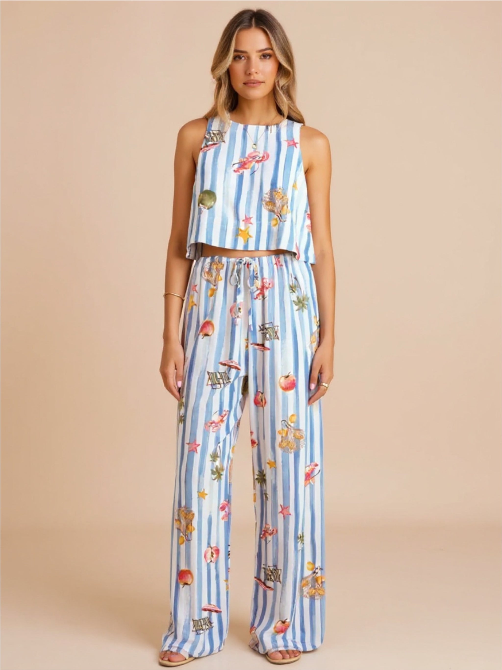 Blue Printed Stripe Tank & Pants Set