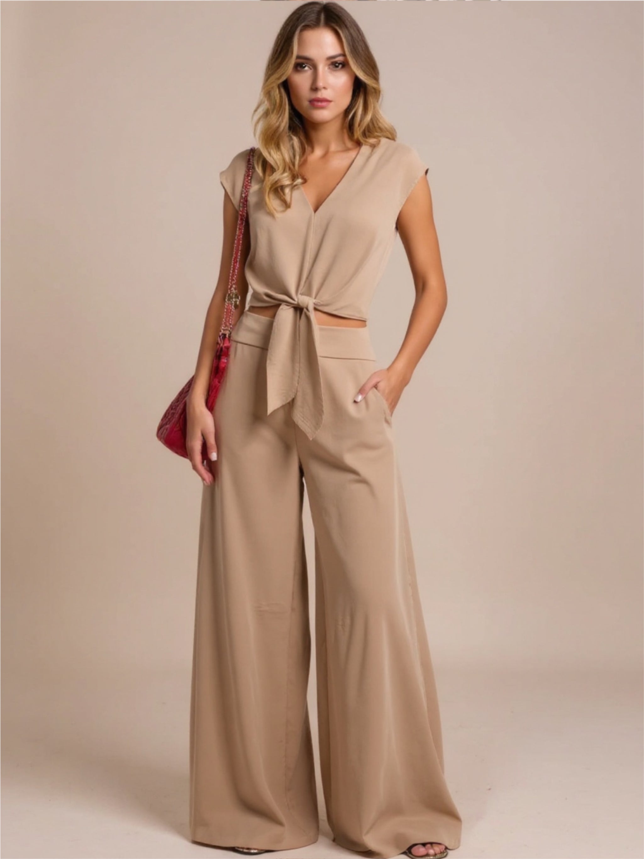 Tie Front Top & Wide Leg Pants Set