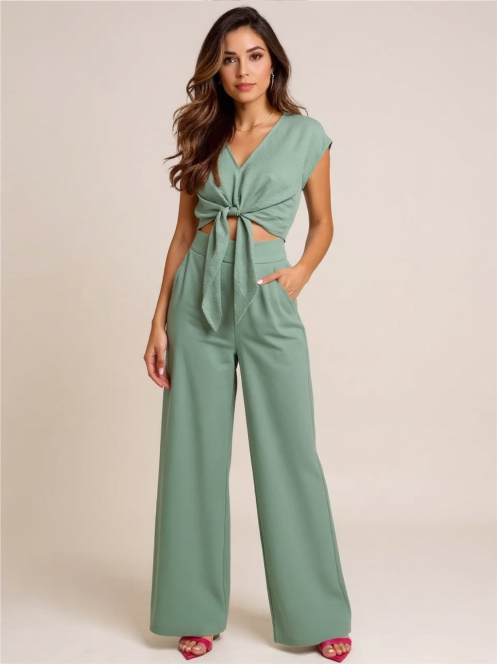 Tie Front Top & Wide Leg Pants Set
