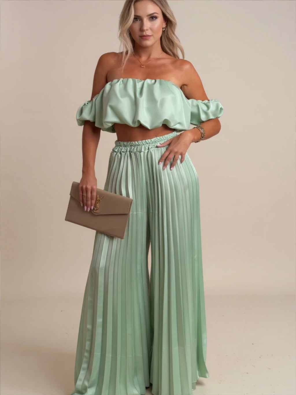 Off-Shoulder Top & Pleated Pants Set