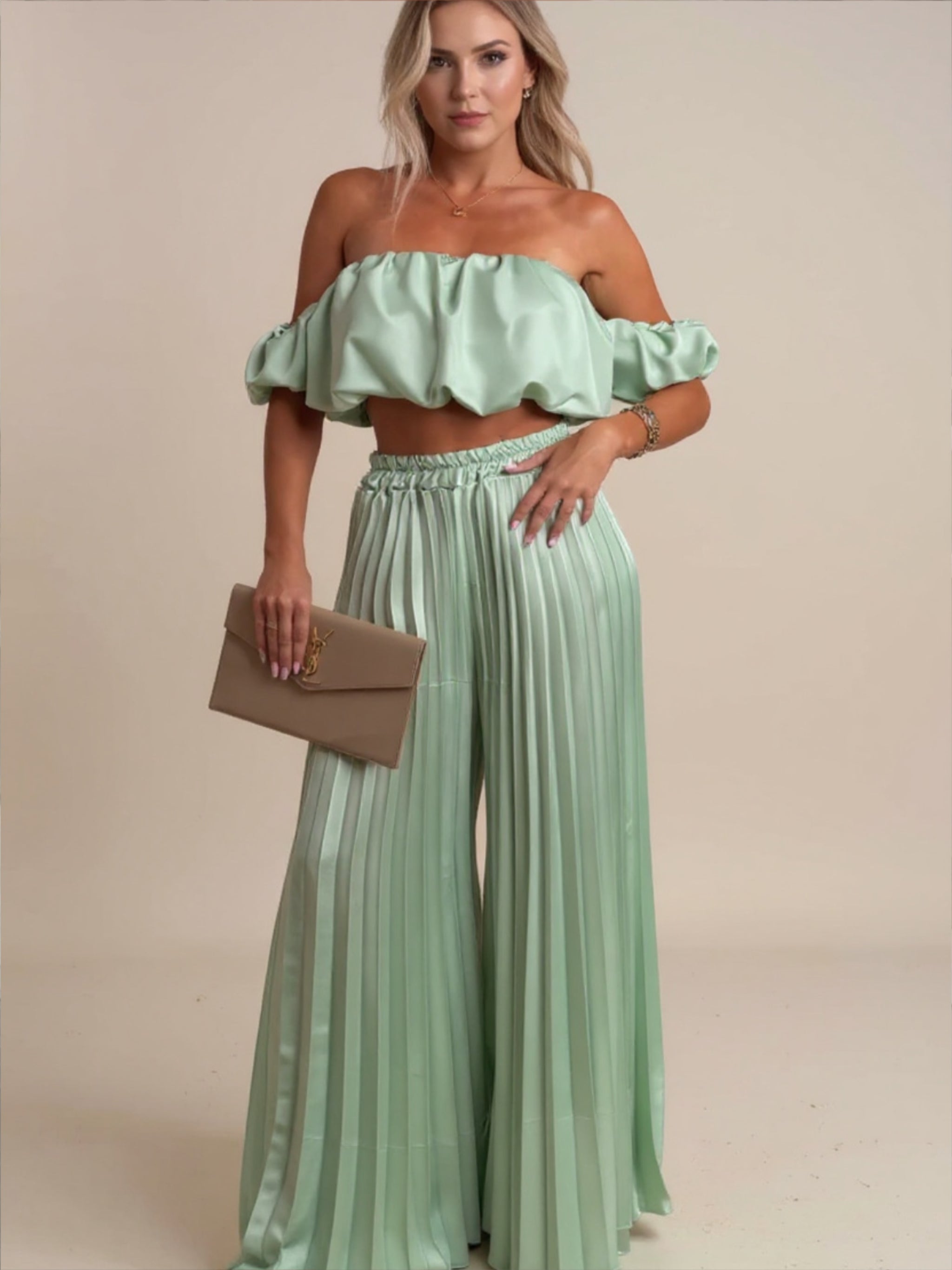 Off-Shoulder Top & Pleated Pants Set