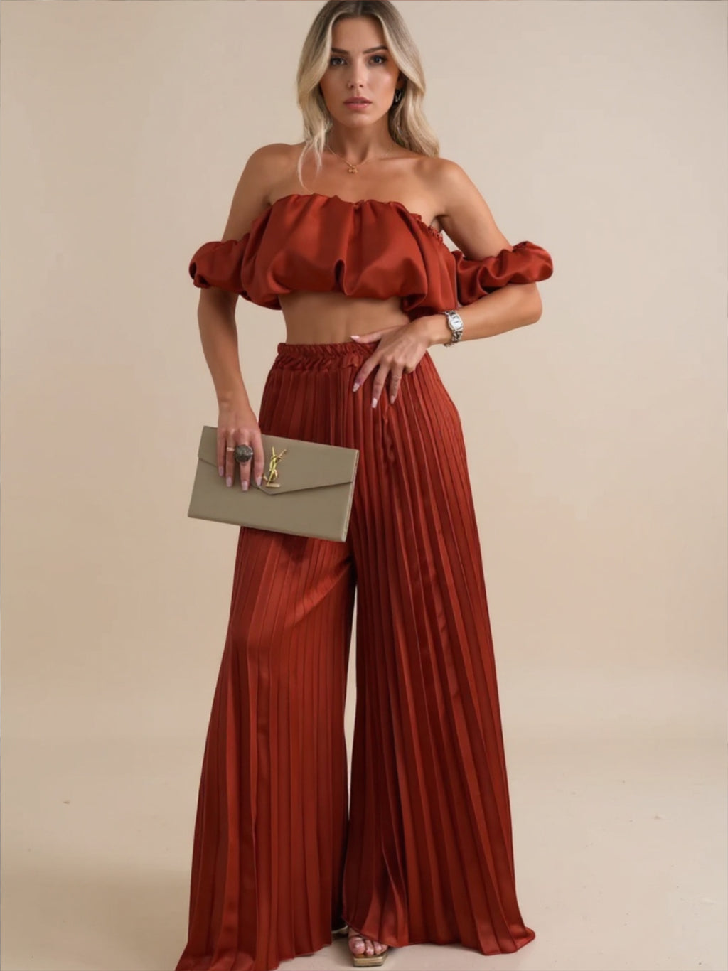 Off-Shoulder Top & Pleated Pants Set