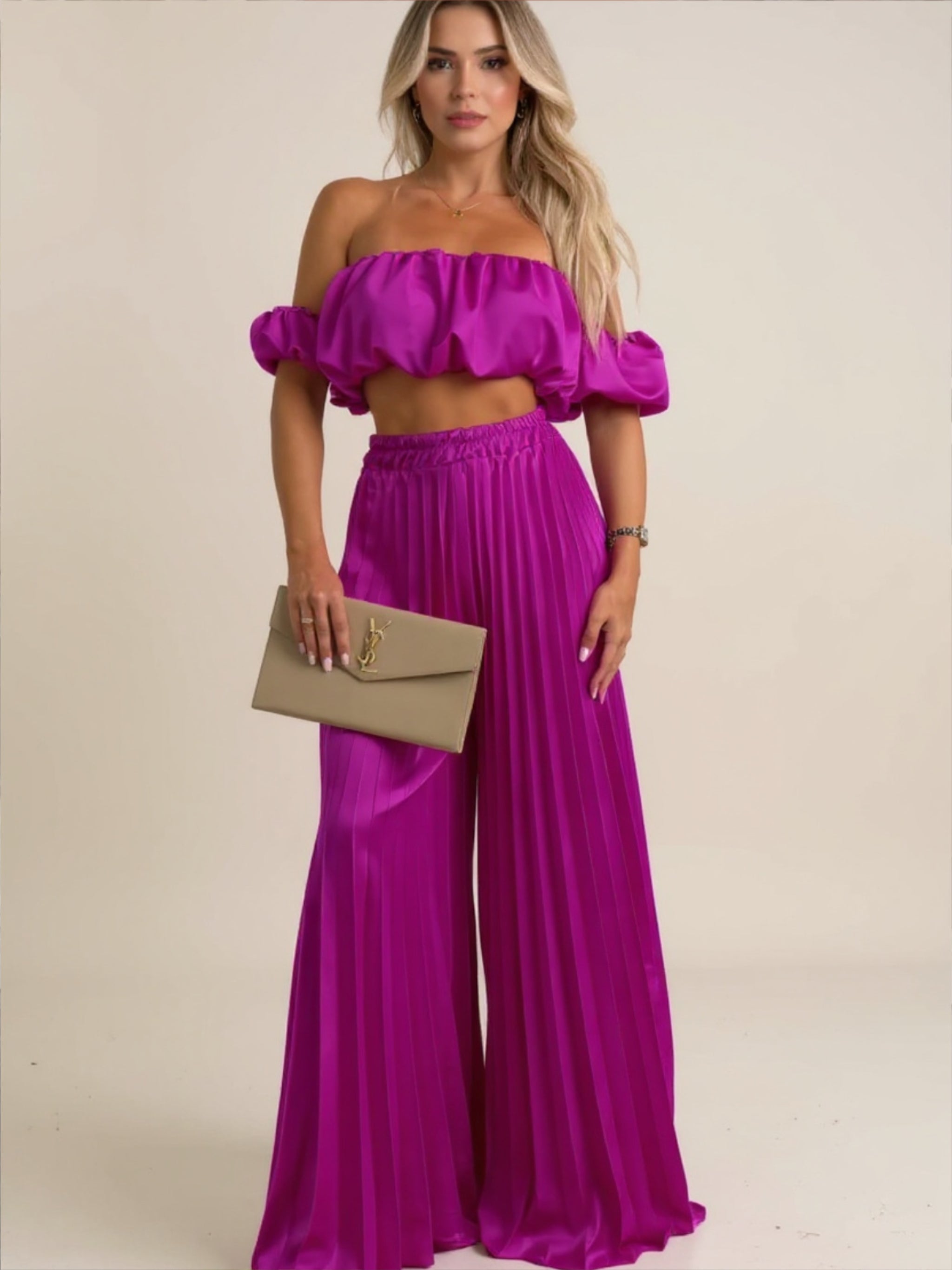 Off-Shoulder Top & Pleated Pants Set