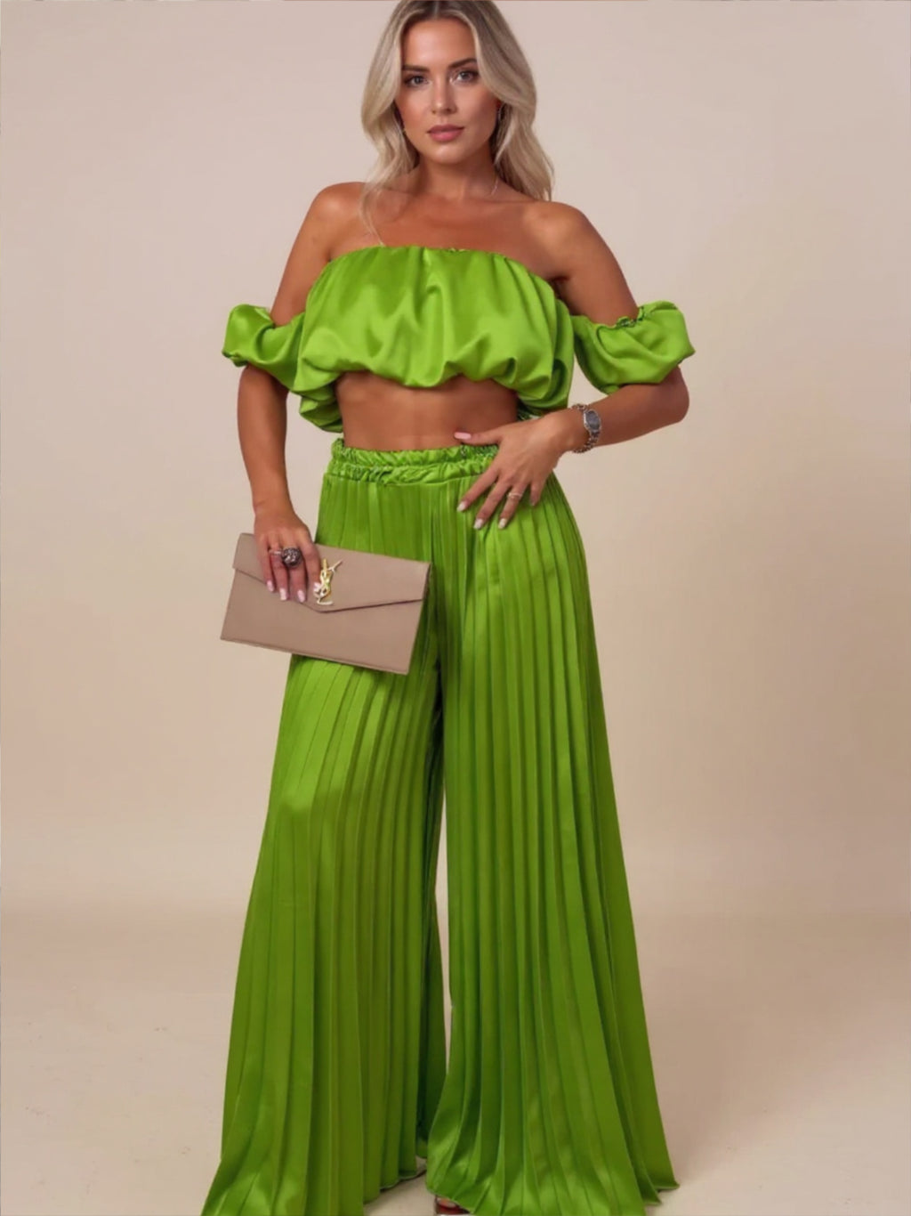 Off-Shoulder Top & Pleated Pants Set