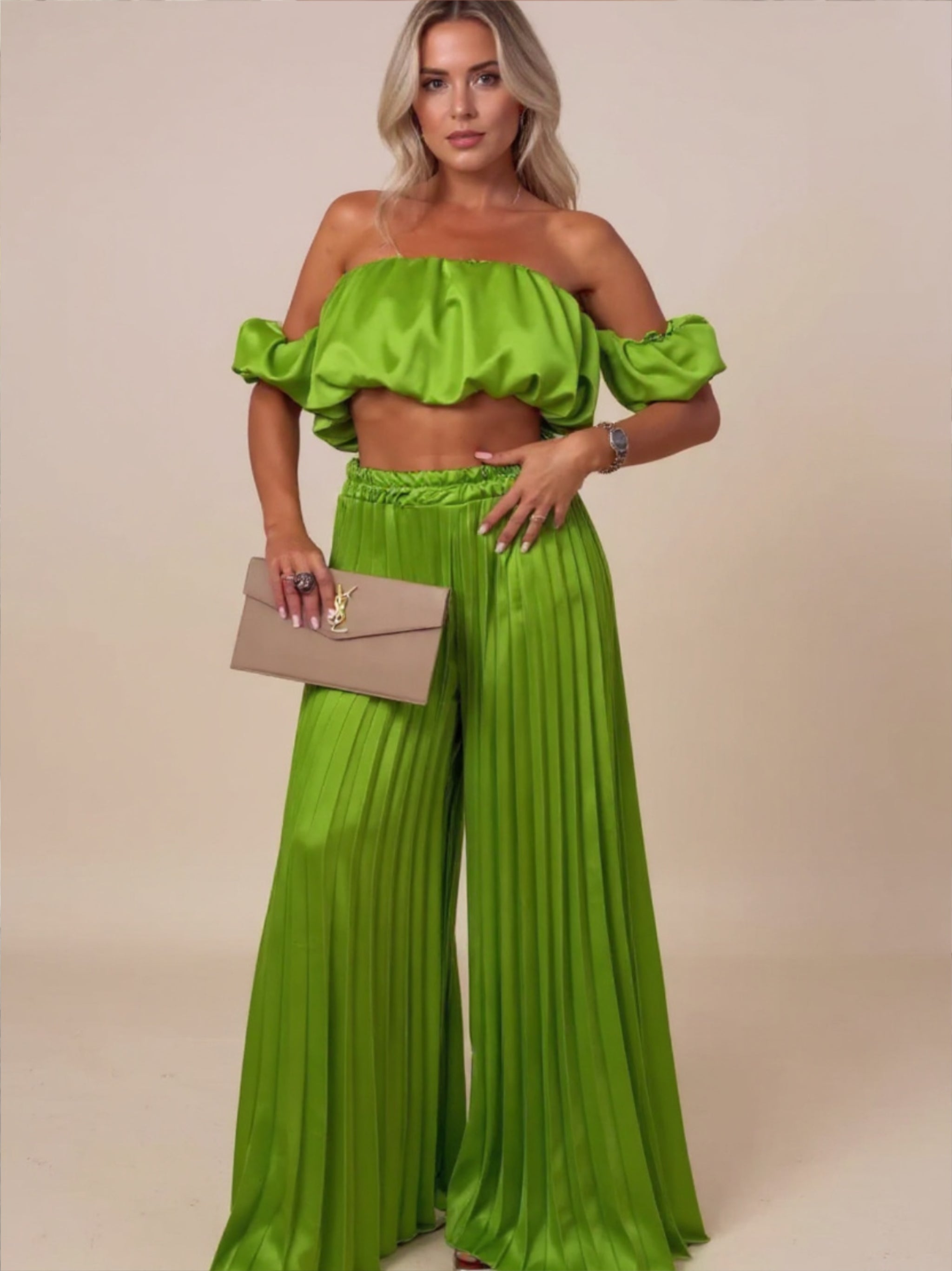 Off-Shoulder Top & Pleated Pants Set
