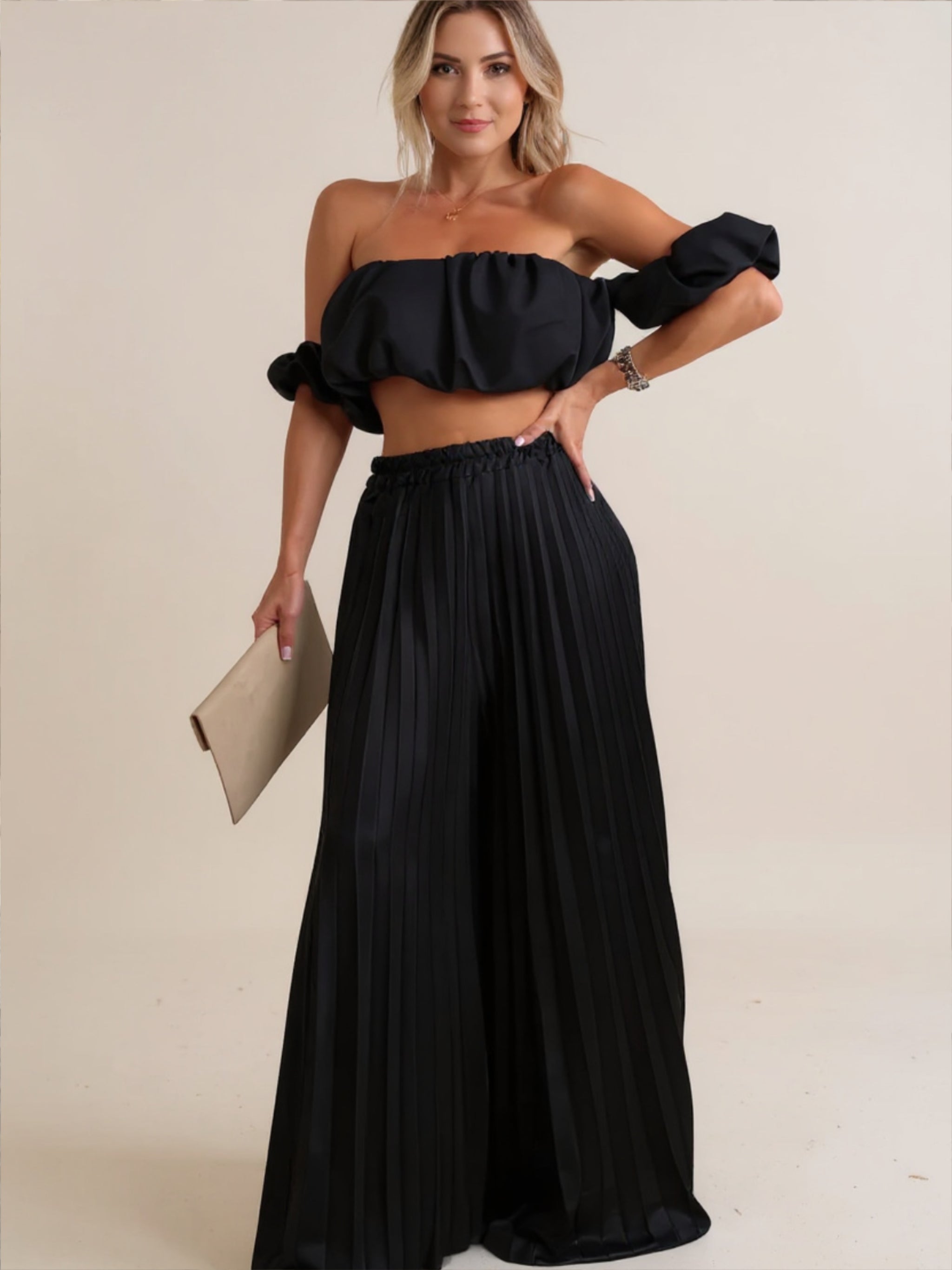 Off-Shoulder Top & Pleated Pants Set