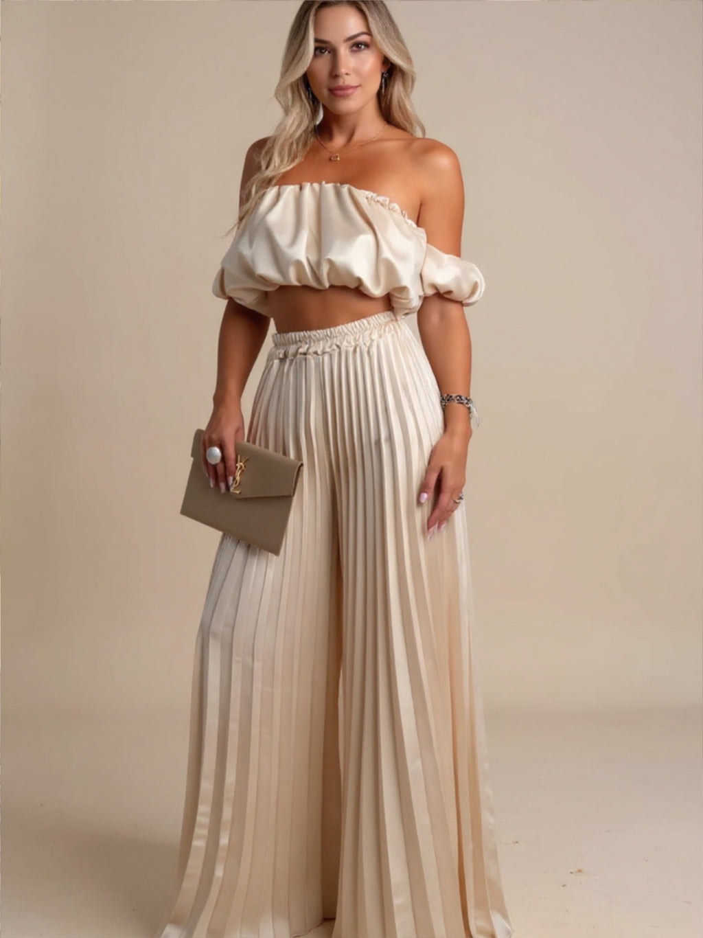 Off-Shoulder Top & Pleated Pants Set